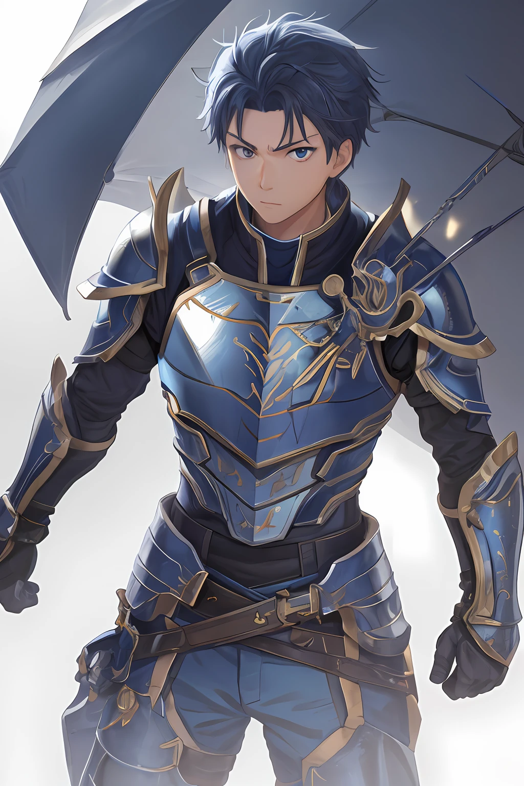 （1 Adult male），A high resolution， Sharp focus， Pixiv masterpiece， （（Complicated details））， highly  detailed， natsuki_subaru， 1 man， The expression is serious，full bodyesbian， blue colored eyes（eyes glowing）， blue short hair，Blue armor，Wear arm guards，Wear a belt，perspire，look from down
