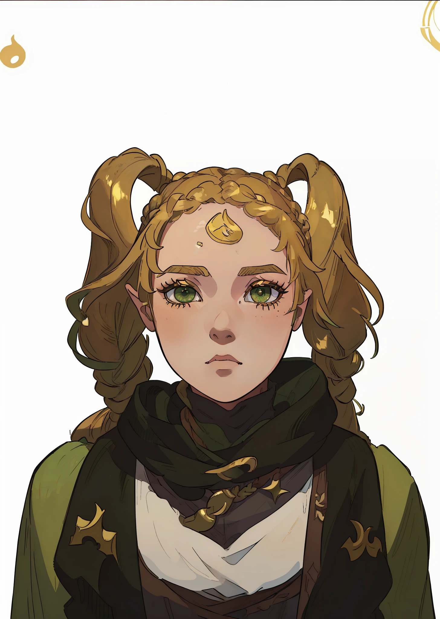 (((Fantasia medieval:1.2)elfa linda)), ((( golden hair gold braids))), ((roupas verde e branca, roupas estilosas, roupas de aventureiro)), cachecol preto e cinza, ((belos olhos verdes)), cabelos loiros, olhos detalhados, alta qualidade. Cabelos dourados. Anime.