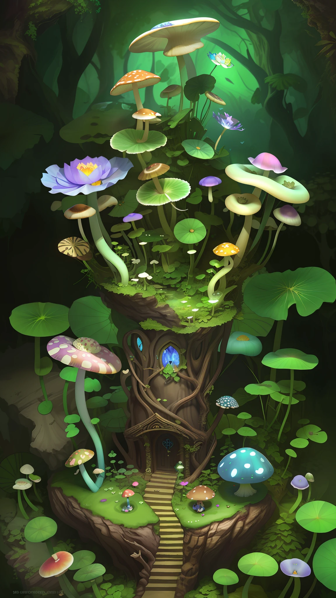 "Mushroom forest with glass goblet,s fractal art,rios,crystal,morning glory,butterflys,Various insects,tropical fishes,rosette,lotuses,four-leaf clover,morning glory,peach blossom,Cyber Mushroom Forest,Ultra-detailed digital fantasy art。Mushrooms are everywhere in the picture,The unique mushroom shape creates a magical casa scene。"