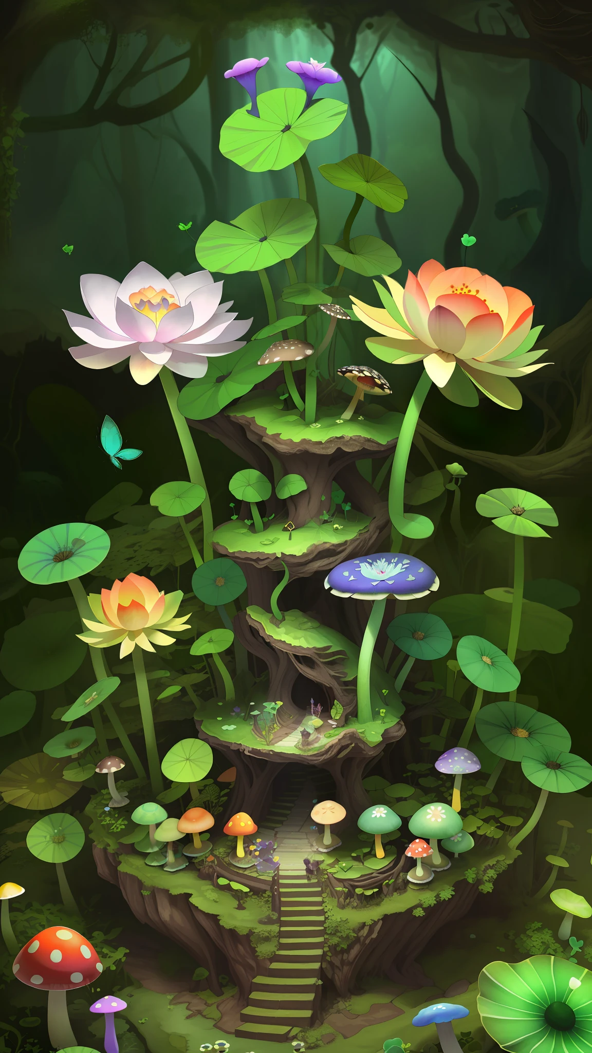 "Mushroom forest with glass goblet,s fractal art,rios,crystal,morning glory,butterflys,Various insects,tropical fishes,rosette,lotuses,four-leaf clover,morning glory,peach blossom,Cyber Mushroom Forest,Ultra-detailed digital fantasy art。Mushrooms are everywhere in the picture,The unique mushroom shape creates a magical casa scene。"