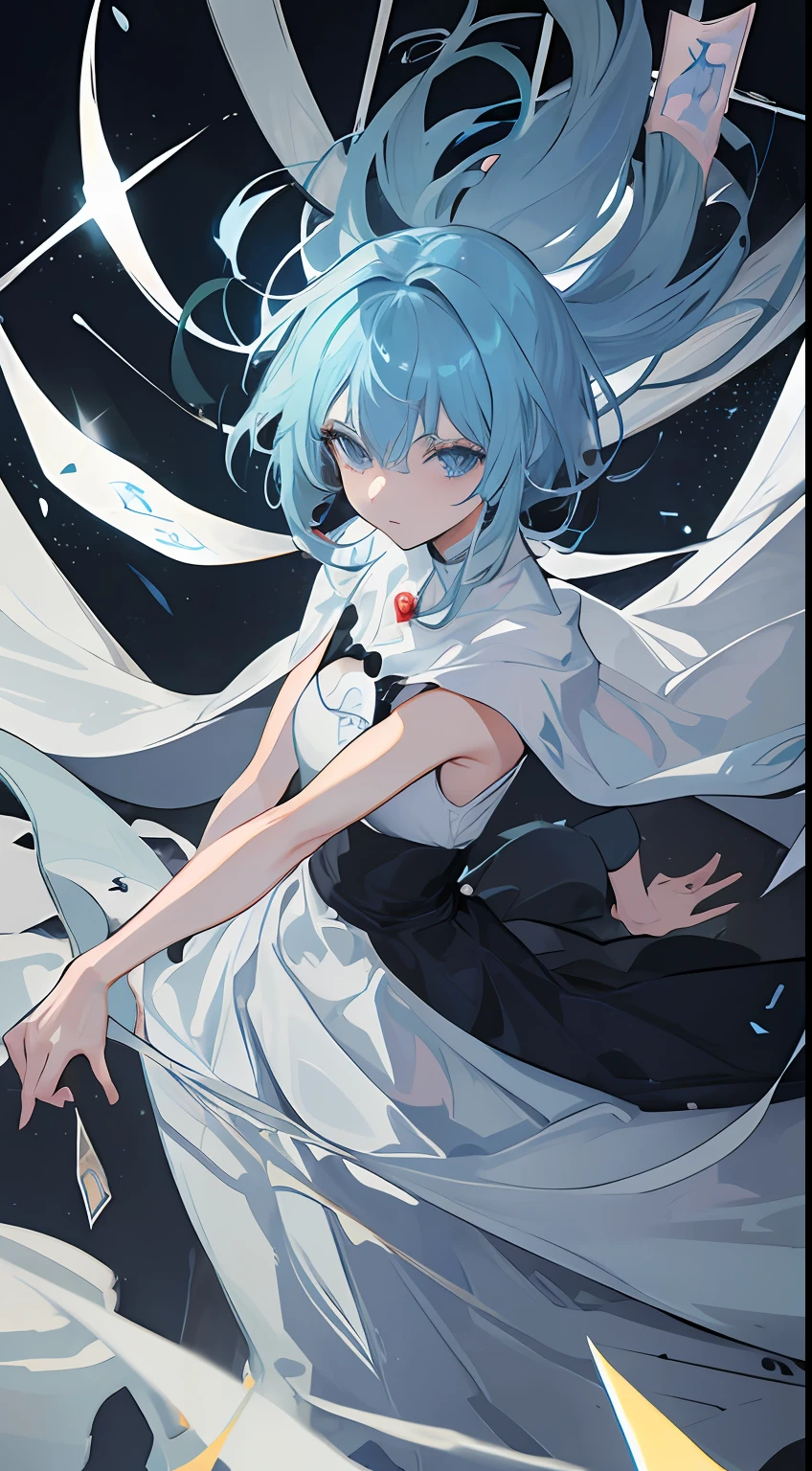 1 milf, Light blue hair, sharp black eyes, Wear a white dress, make it like tarot anime-style but no frame
