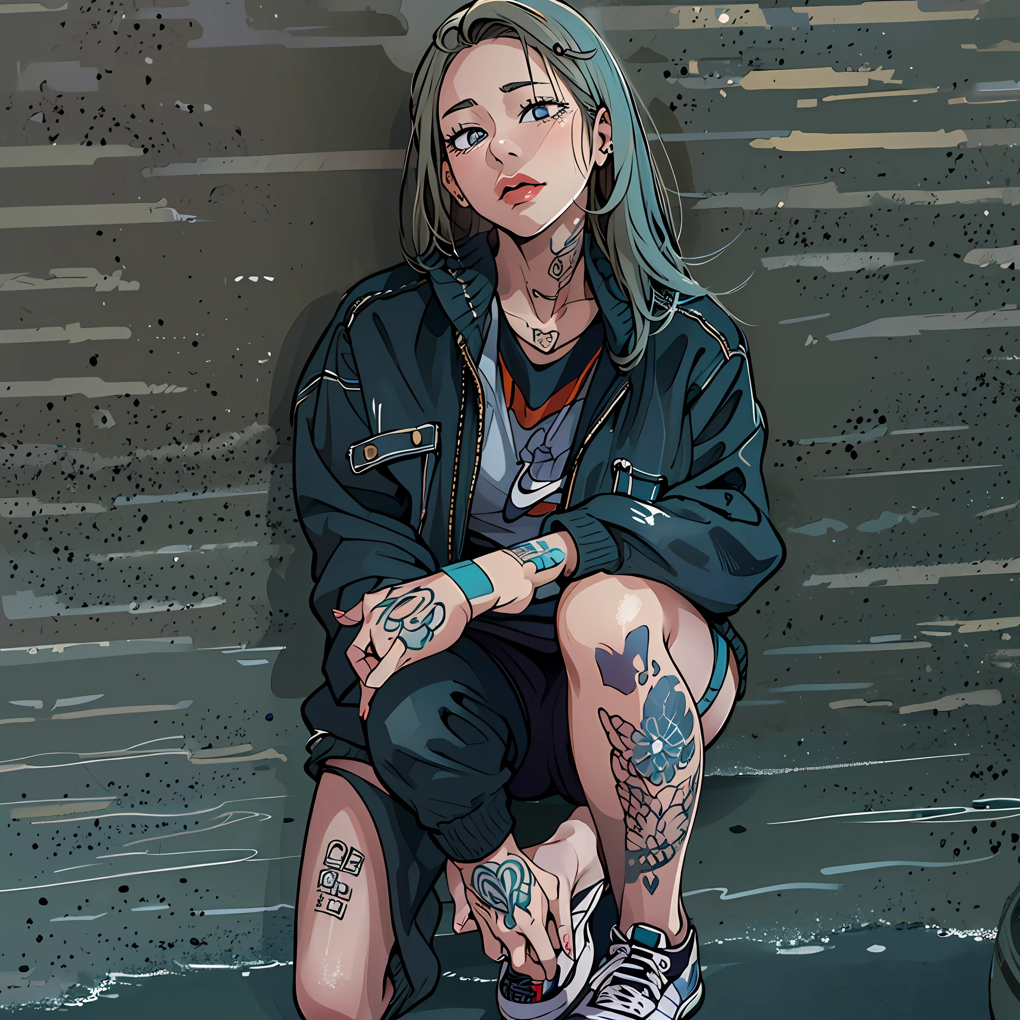 1, garota cabelos brancos,coreano, adolecente,with tattoos on the neck,1 piercing on your lower lip,3 pircing na orelha esquerda,olhos vermelhos caresmim,usando uma jaqueta de gangue branca,a tight pants,a pair of high-soled sneakers equal to Nike's,sentada em uma cadeira,na sala de aulas,imagem ultra detalhada,cores vivas,sombras bem estabelecidas.