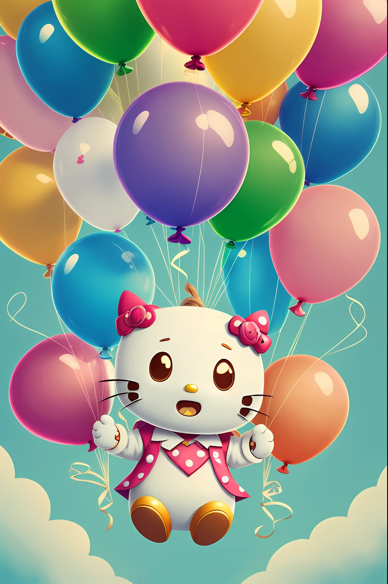 cute cartoon little hello kitty flying with big balloons, white background, sunny day, close up, the cute illustration children's book style, the cute pixar illustration style, happily, with vibrant colors and extreme details, high-quality HD, --auto --s2