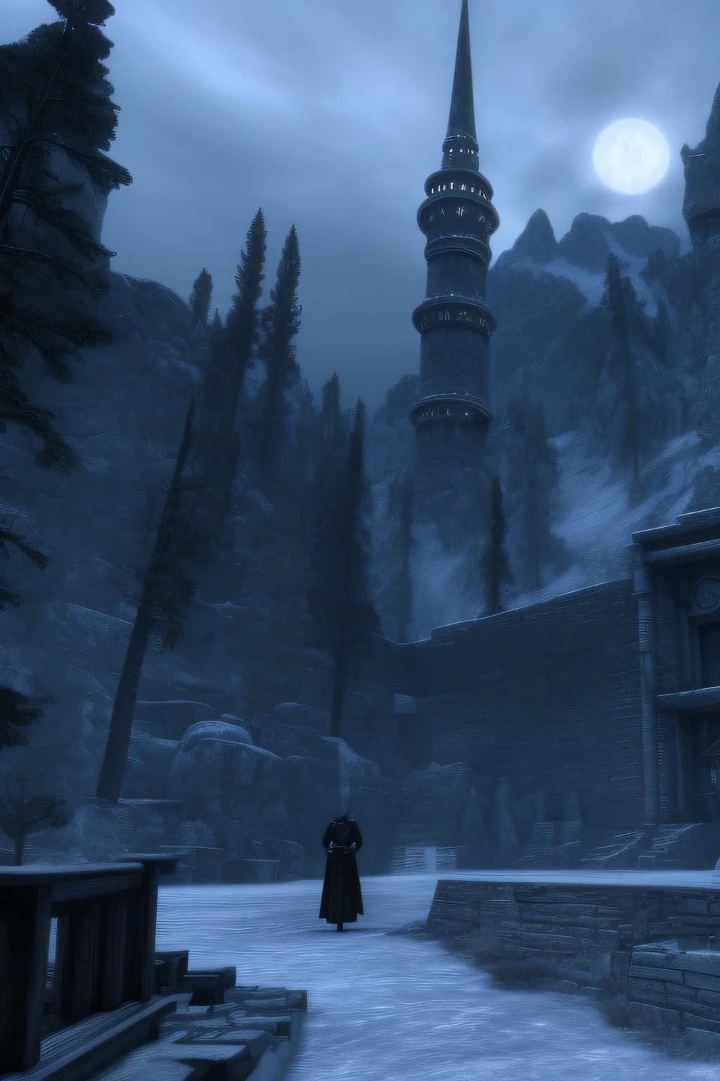 A lawyer in a black suit stands at the gates of Winterhold in Skyrim, 8k ultra-realistic high-definition wallpaper dramatic sharp