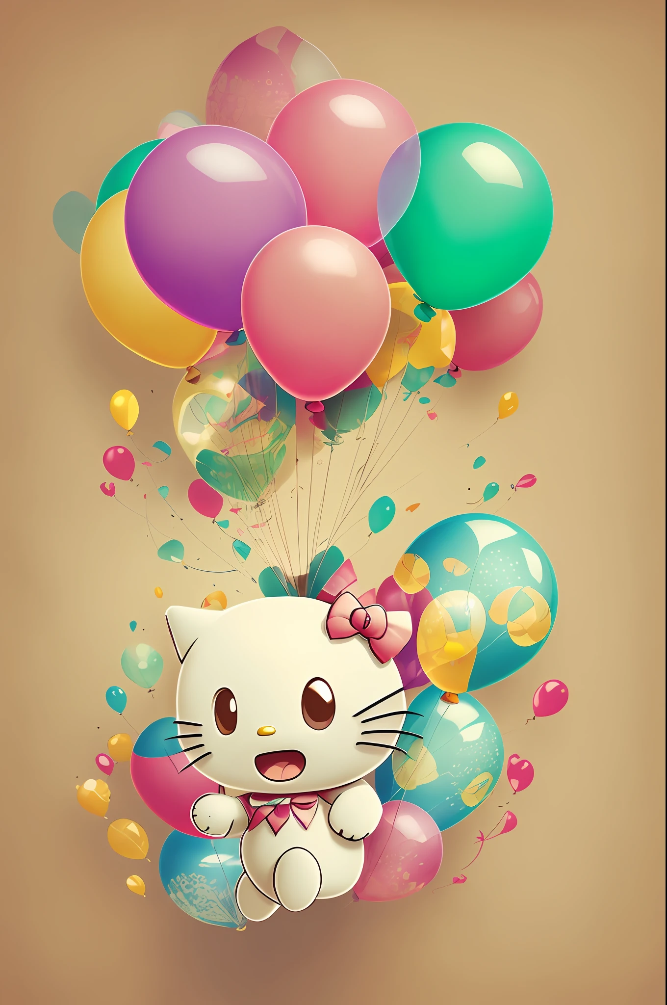 cute cartoon little hello kitty flying with big balloons, white background, sunny day, close up, the cute illustration children's book style, the cute pixar illustration style, happily, with vibrant colors and extreme details, high-quality HD, --auto --s2