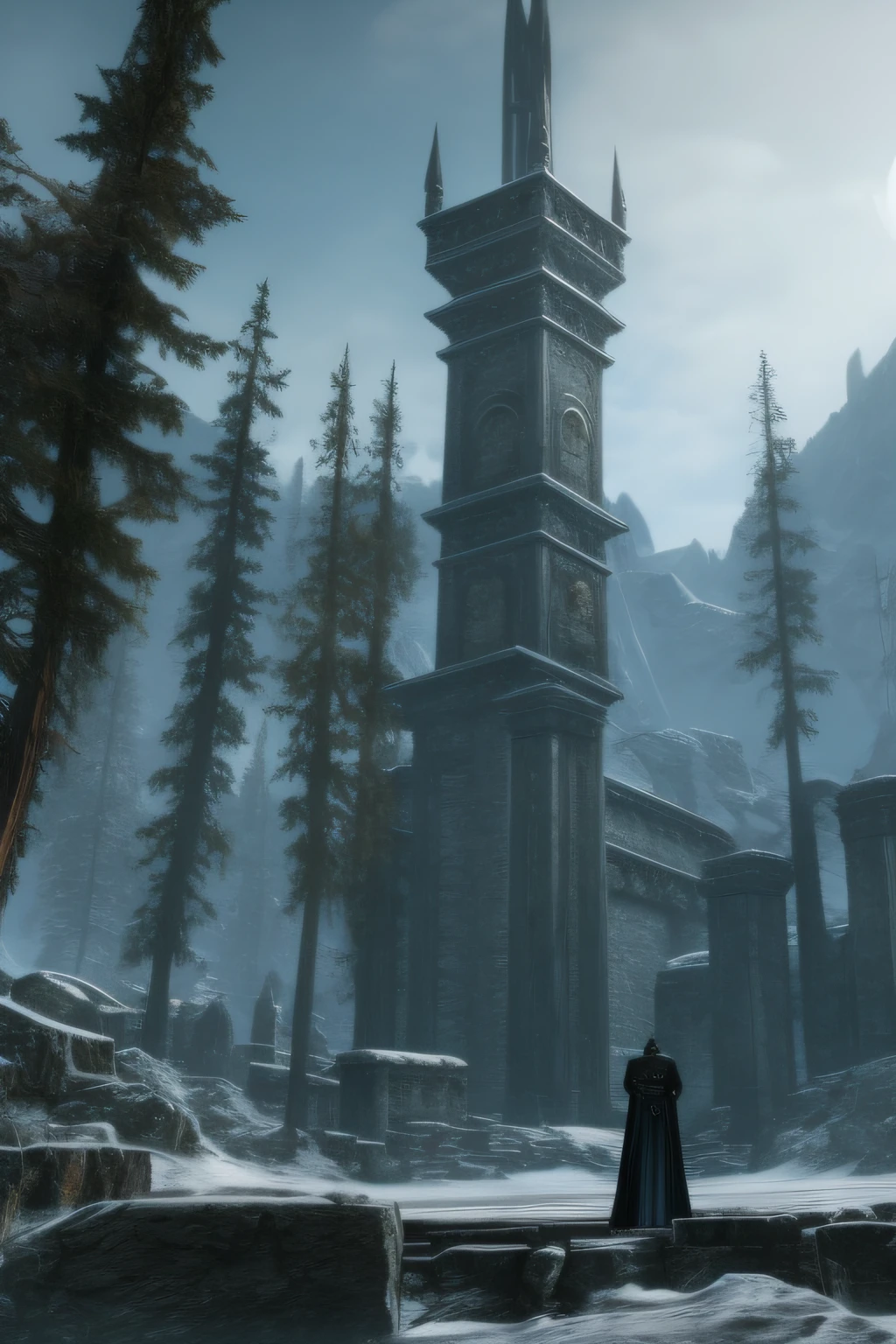 A lawyer in a black suit stands at the gates of Winterhold in Skyrim, 8k ultra-realistic high-definition wallpaper dramatic sharp