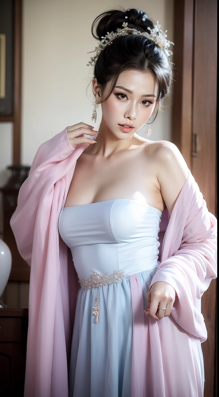 Fashion model 20 years old [[[[closeup cleavage]]]], [[[[boobgasm]]]], [[[[coll]]]], [[[[bshoulders]]]], perfect  eyes, Perfect iris，Perfect lips，perfect teeth，Perfect skin，Long face，slender nose，tall nose bridge，Soft front light，hdr，Movie girl，Simple hairstyle，light make-up，Casual，（pastel colour：1.2）