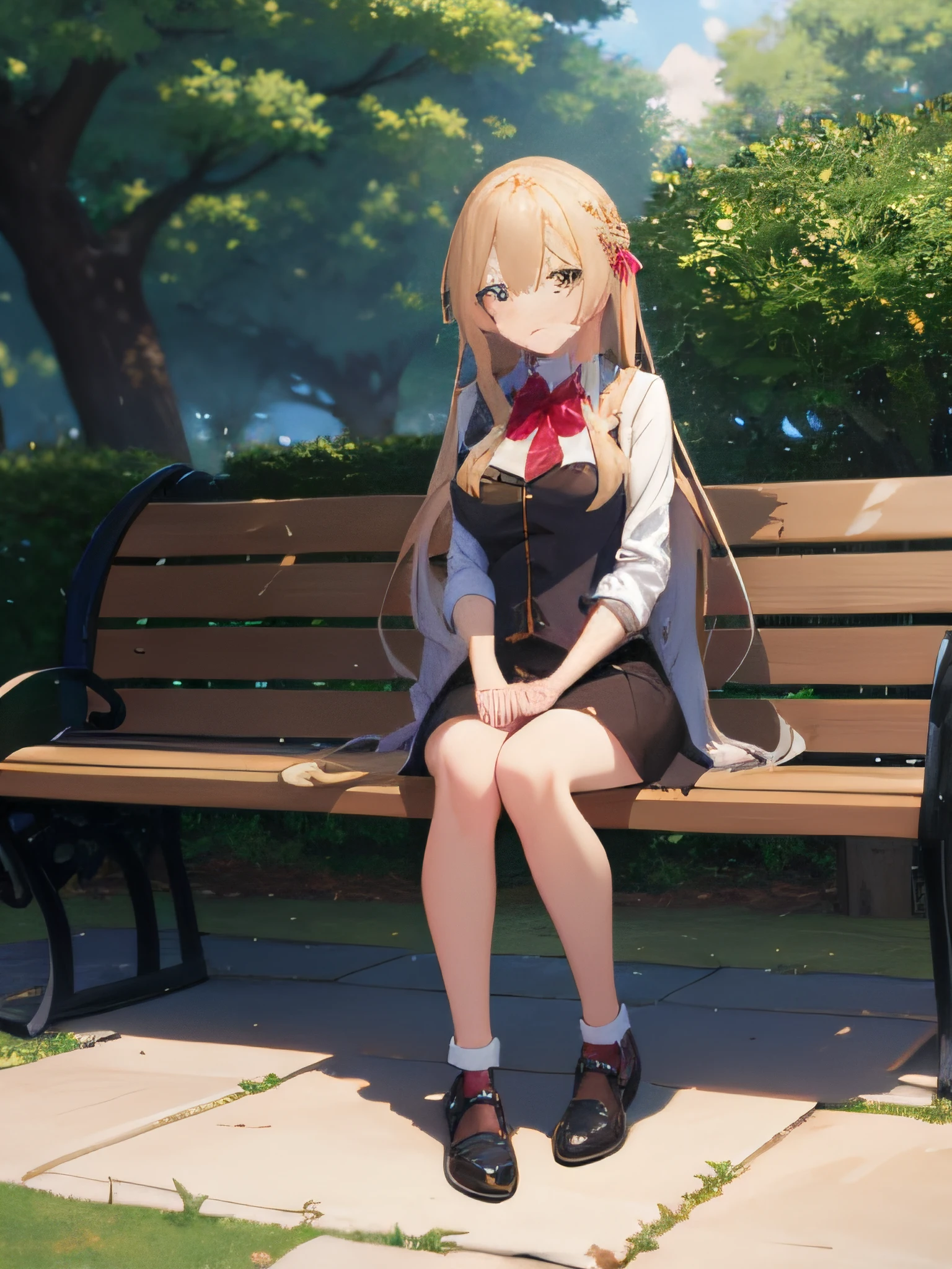 masutepiece, Best Quality, Highly detailed, Pretty girl with long hair, a park, Benches, break