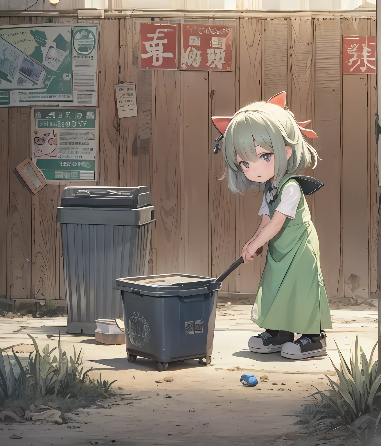 A girl is using a broom and sweeping away some "unhappy."，vex，trabalhado，hardship，Frustration "" and other Chinese characters，Next to it is a trash can with the words "not recyclable" written on it, clean and meticulous anime style, small loli girl, Simple lines of art, cleaning future, touhou project，solid color backdrop