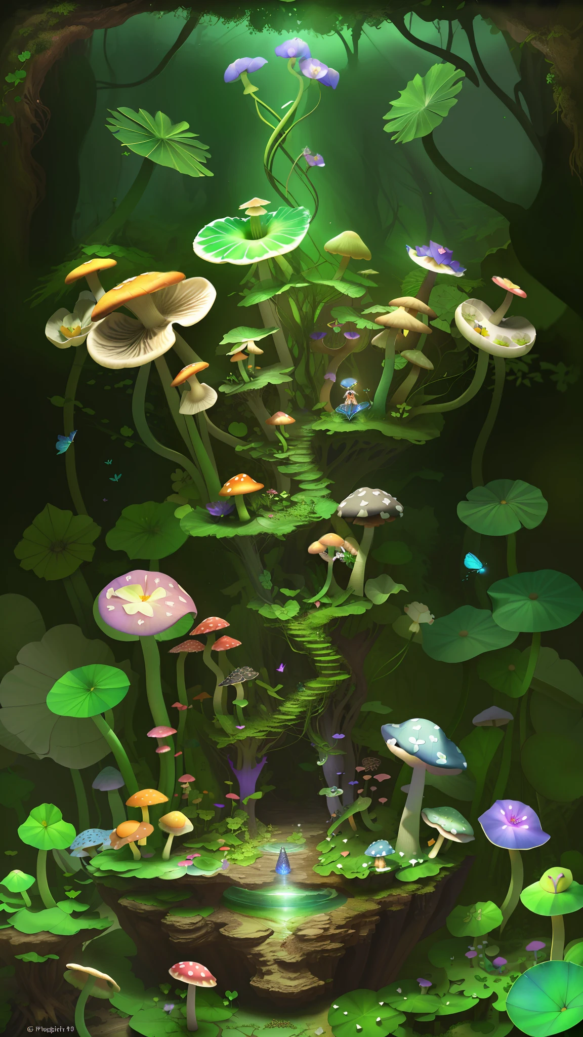 "Mushroom forest with glass goblet，s fractal art，morning glory，butterflys，tropical fishes，rosette，lotuses，four-leaf clover，morning glory，peach blossom，Cyber Mushroom Forest，Ultra-detailed digital fantasy art。Mushrooms are everywhere in the picture，The unique mushroom shape creates a magical casa scene。"
