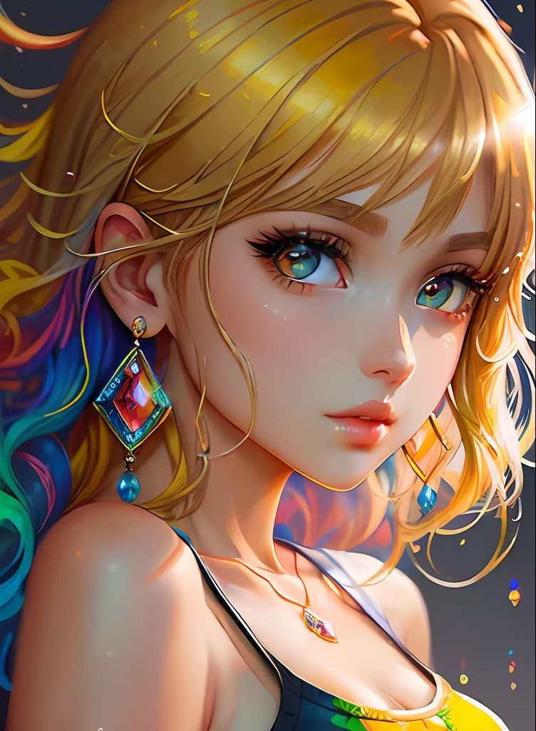 ((top-quality)), ((​masterpiece)), ((realisitic)), (detaileds),animesque、anime styled、 (1人の女性）Earrings only accessories、Close up portrait of woman with yellow hair color、Beautiful shining eyes, Like crystal clear glass、Tank tops、Summer clothes、4K high-definition digital art、stunning digital illustration、Stunning 8K artwork、colorfull digital fantasy art、Colorful and bright、beautiful digital works of art、Colorful Digital Anime Art、Portrait of beautiful woman、8K HD Digital Wallpaper Art、 Gorgeous Digital Painting