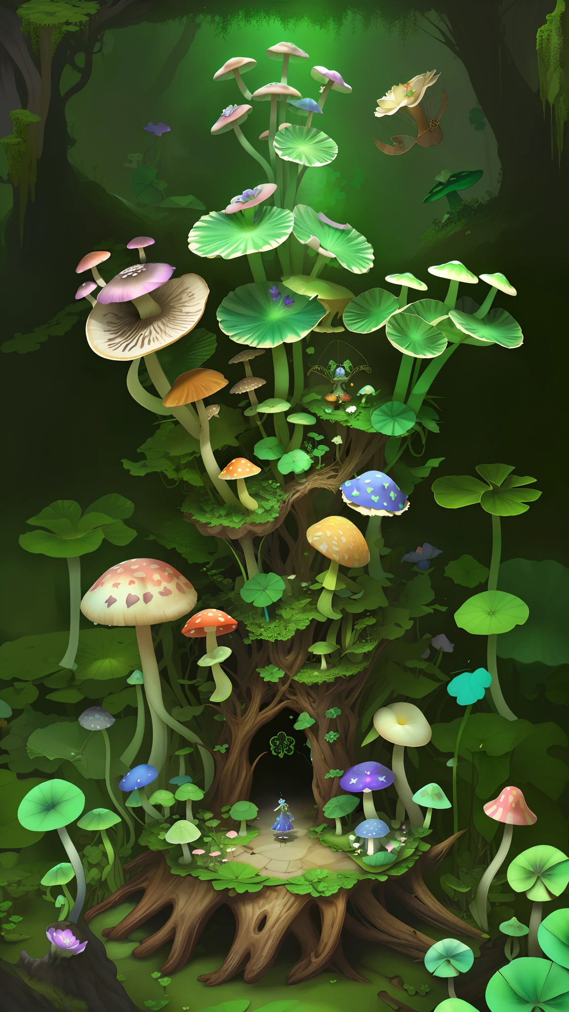 "Mushroom forest with glass goblet,s fractal art,morning glory,butterflys,tropical fishes,rosette,lotuses,four-leaf clover,morning glory,peach blossom,Cyber Mushroom Forest,Ultra-detailed digital fantasy art。Mushrooms are everywhere in the picture,The unique mushroom shape creates a magical casa scene。"