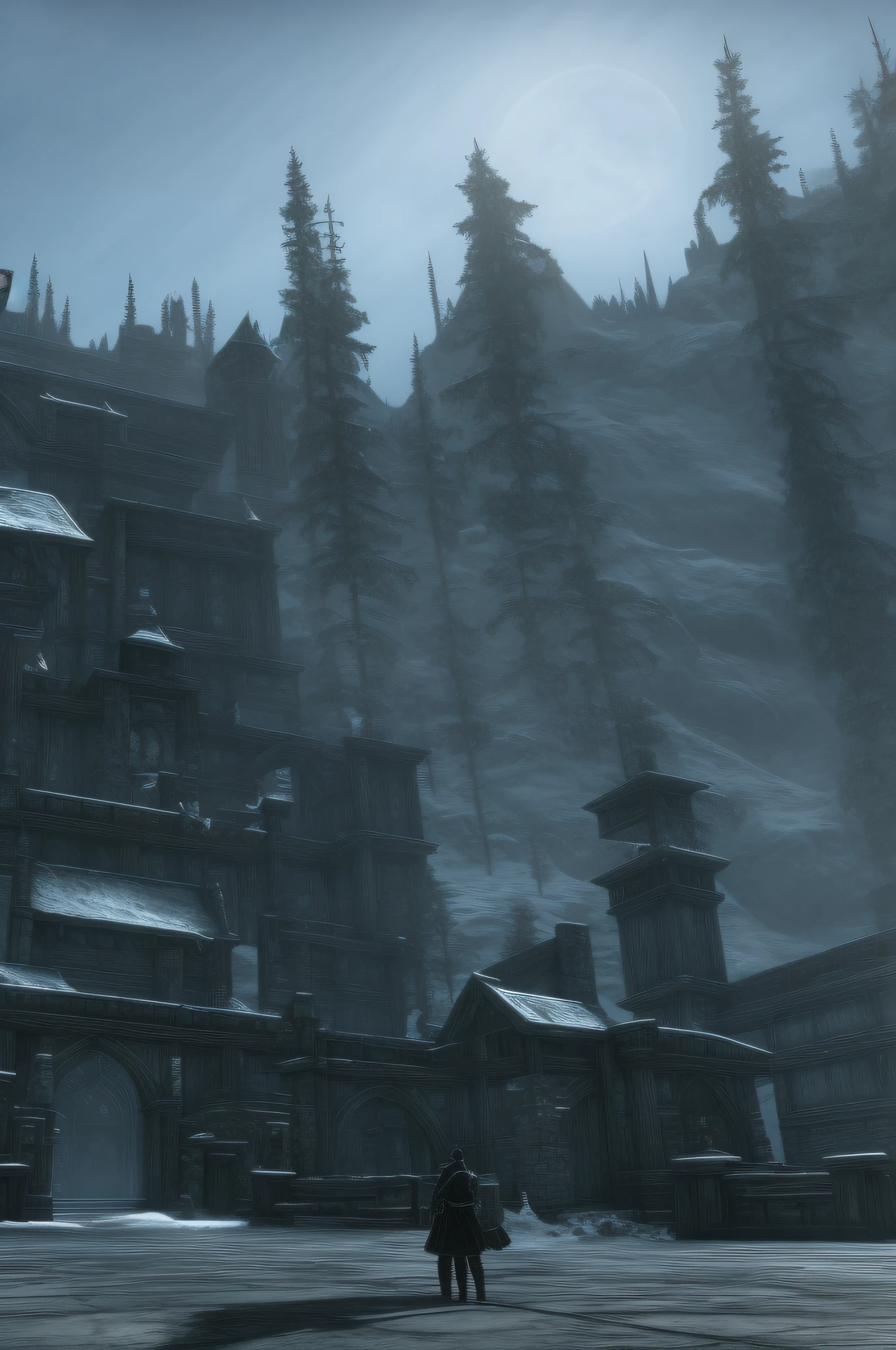 A lawyer in a black suit stands at the gates of Winterhold in Skyrim, 8k ultra-realistic high-definition wallpaper dramatic sharp