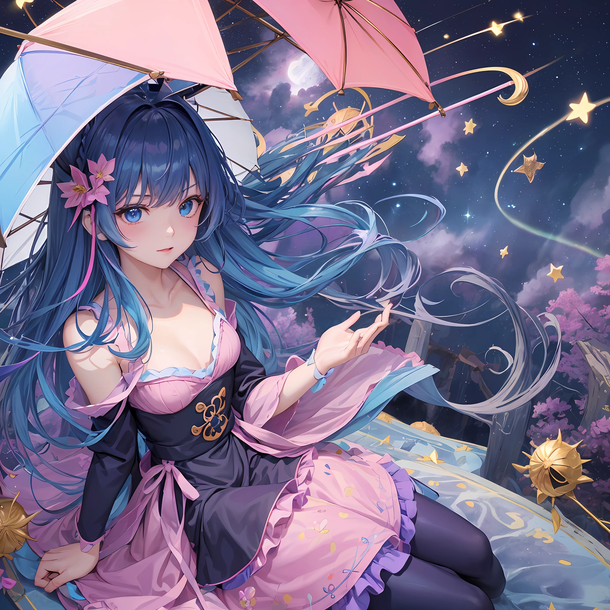 Dark Magician Girl、MKSKS style、(1 person)、(highly detailed back ground:1.0)、(highly detailed back ground:1.0)、masterpiece、top-quality、超A high resolution、8K、The upper part of the body、(Sun umbrella、Colorful parasols:1.3)、Looking up at the night sky、(1/2 pink and 1/2 Light blue hair、rainbow-colored hair)、(A detailed eye、Blue eyes)、(Rainbow dress、1/2 pink and 1/2 Light blue dress:1.2)、Detailed skin、From Side、Lavender fields、The wind is blowing、(natta:1.2、nigh sky:1.5、Summer Great Triangle、shooting stars:1.2)、wakame、wakame、wakame、wakame、wakame、wakame、wakame、wakame、wakame、wakame、wakame、wakame、wakame、wakame、wakame、wakame、wakame、wakame、wakame、wakame、wakame、wakame、wakame、wakame、wakame --auto
