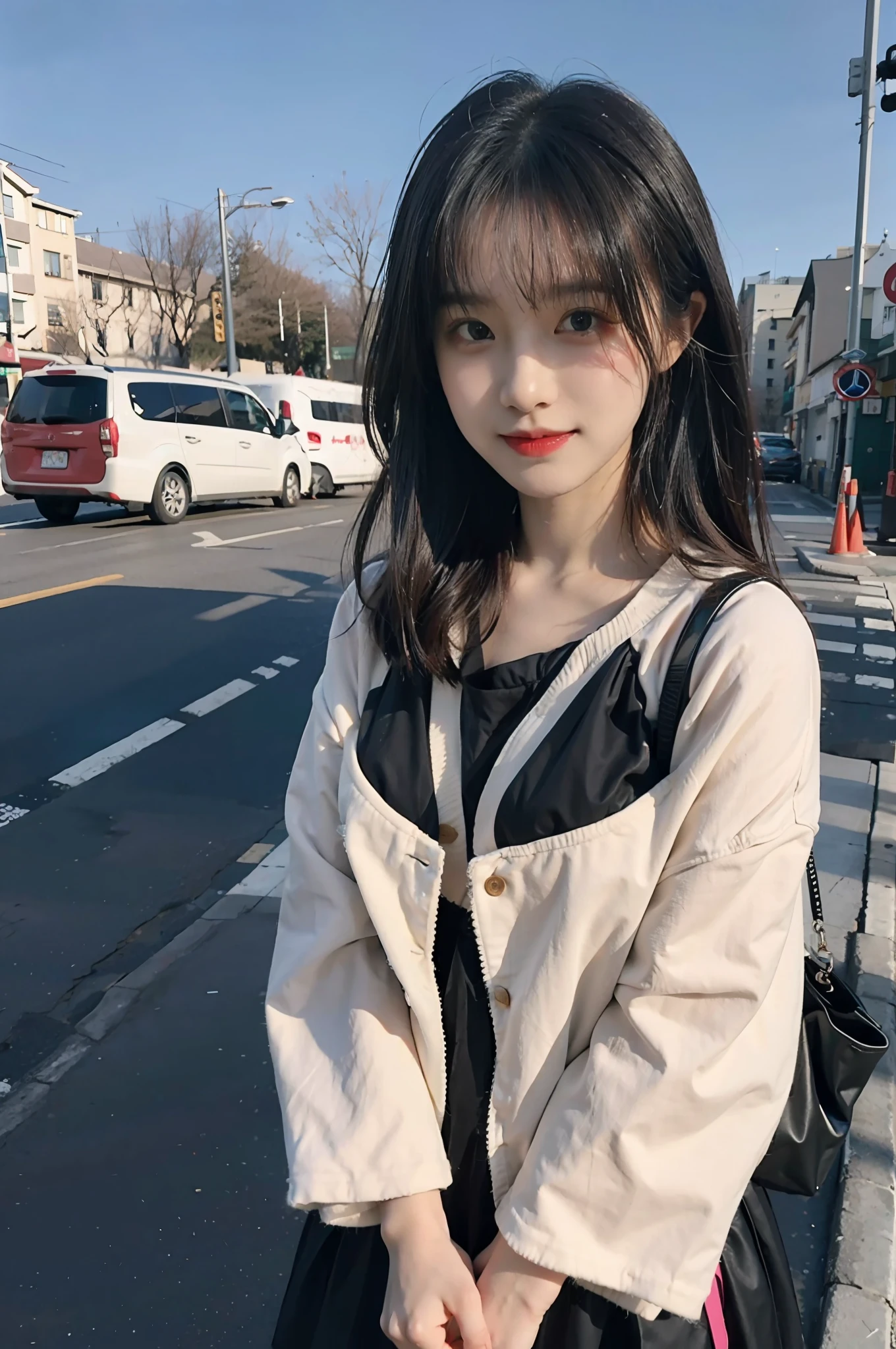 8K分辨率), (RAW photos), (best qualtiy), (tmasterpiece:1.5), (realisticlying:1.5), (photograph realistic)), vibrant detail, Ultra photo realsisim, 1girl,Sweet girl, (adolable:1.2)((校服)),((((jk)))),road,intersection,Bigchest,close up
