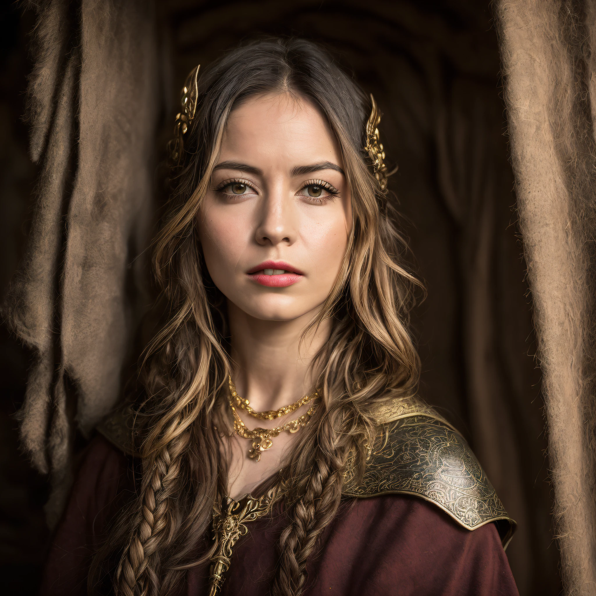 ((Emma of Normandy from the series "VIQUINGUES: Valhalla de 2022")), (inspirada em Laura Berlin:1.2), (Traje viking:1.2), in a setting of a dark and gloomy with a Viking style hut, Auto retrato de rosto frontal, posing for camera, lowangle, 24 mm, (((foco nítido:1.5))), (((profundidade de nitidez:1.5))), (fotorrealista:1.5), (textura da pele:1), cinemactic, hiperdetalhado,