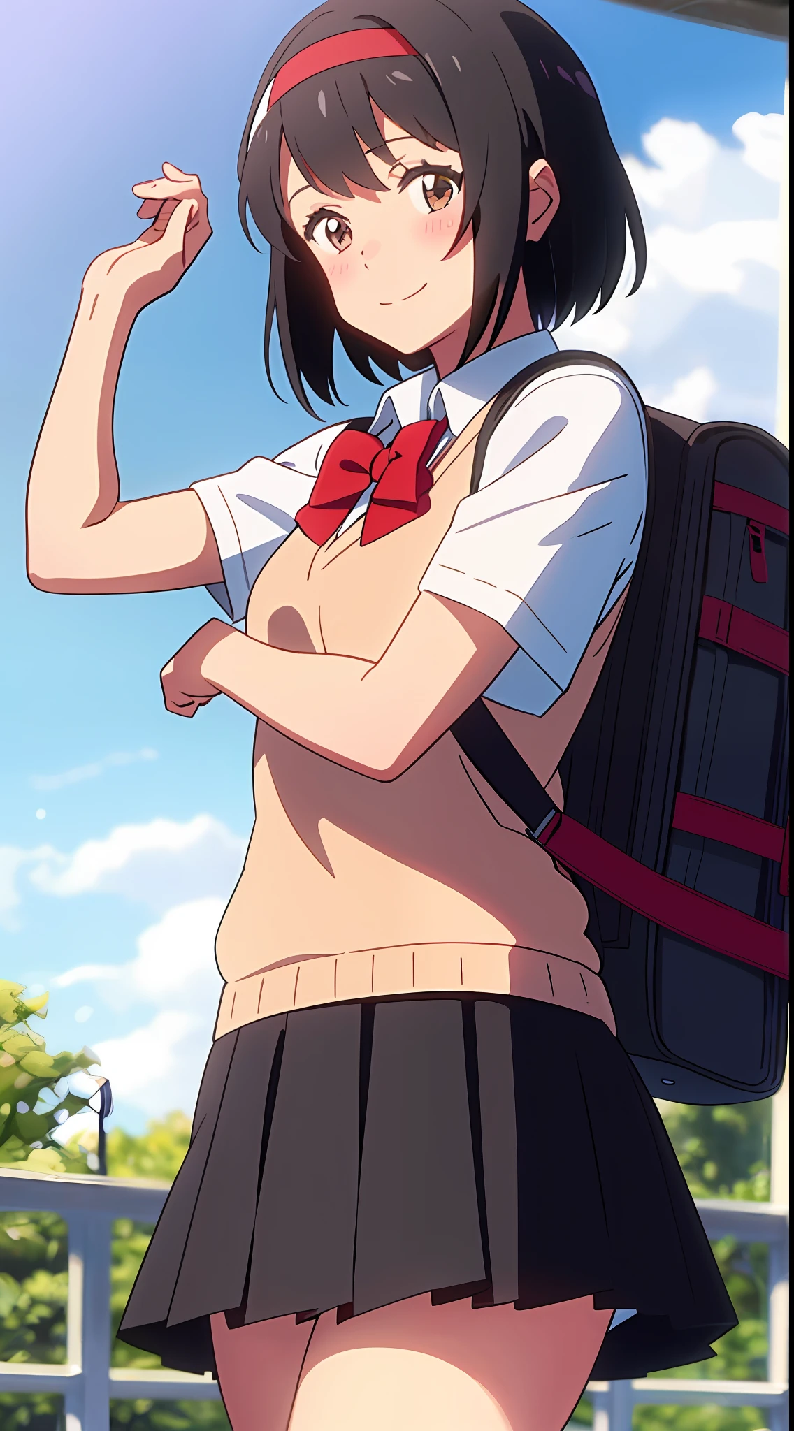 shinkai makoto, kimi no na wa., 1girl, bangs, black hair, blush, brown eyes, sky, cloud, collared shirt, looking at the viewer, outdoors, red headband, red ribbon, red bow, school uniform, short hair, smile, solo, white shirt, brown sweater vest, brown vest, black skirt, short sleeves, school backpack