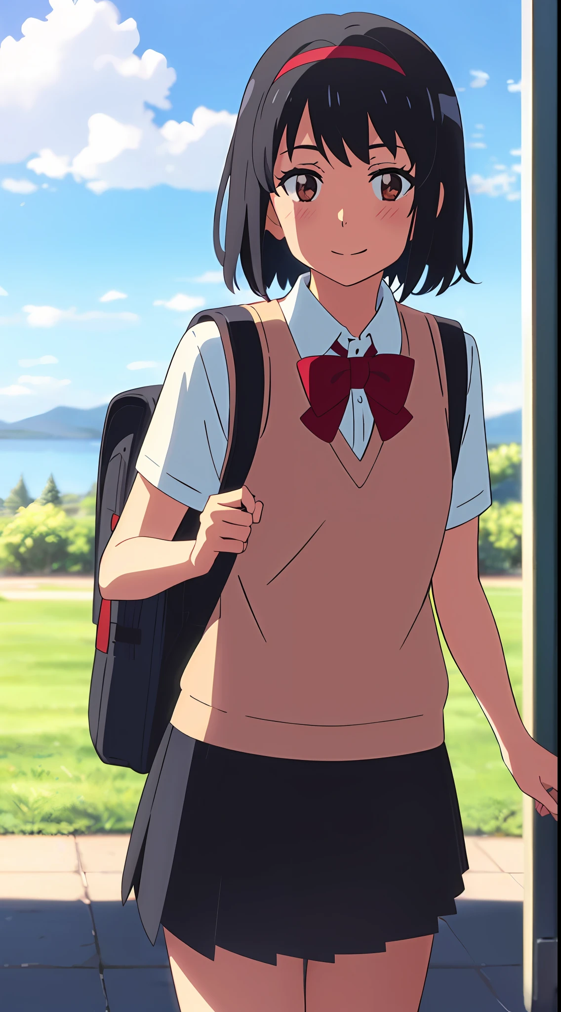 shinkai makoto, kimi no na wa., 1girl, bangs, black hair, blush, brown eyes, sky, cloud, collared shirt, looking at the viewer, outdoors, red headband, red ribbon, red bow, school uniform, short hair, smile, solo, white shirt, brown sweater vest, brown vest, black skirt, short sleeves, school backpack