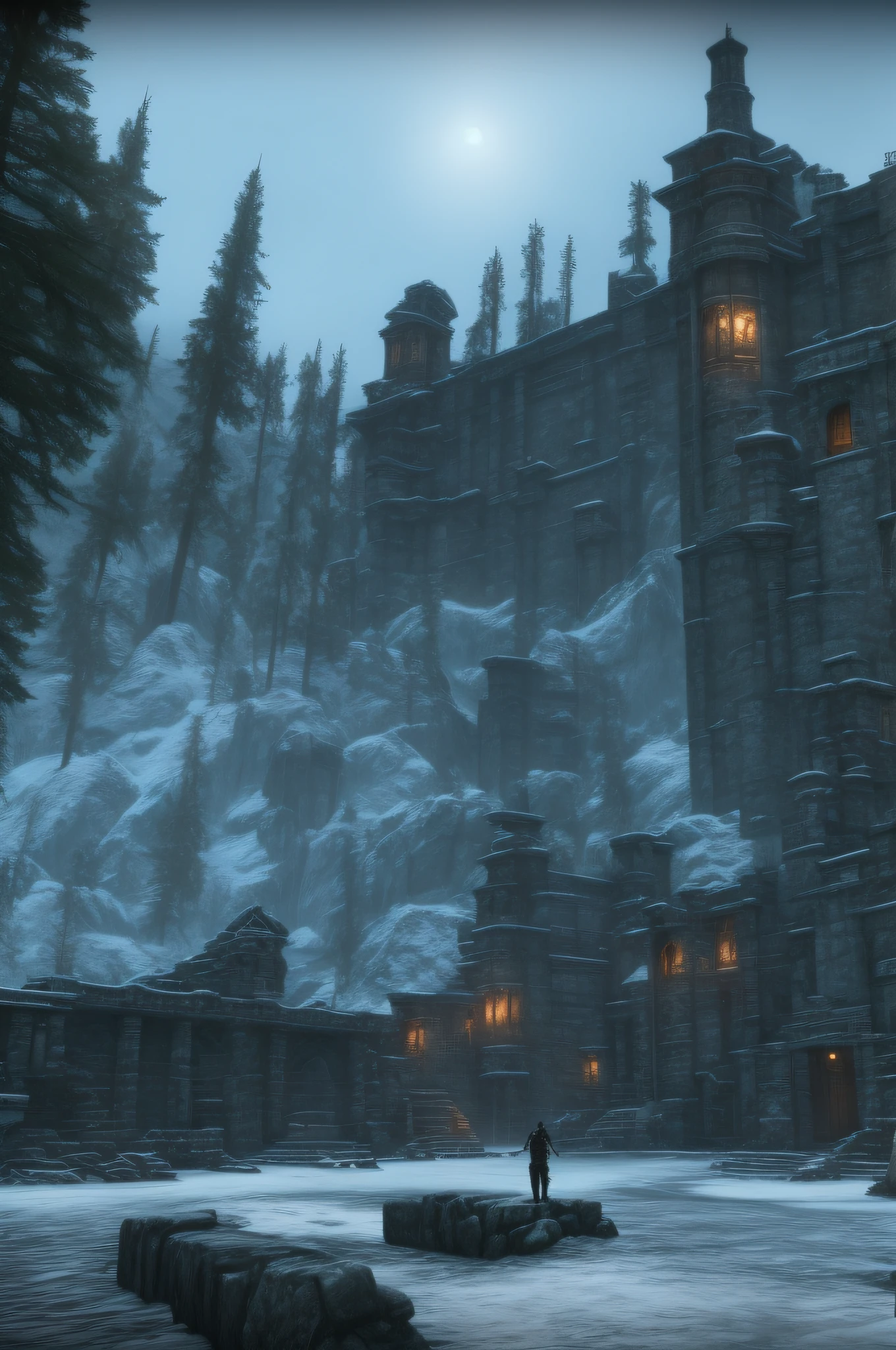 A lawyer in a black suit stands at the gates of Winterhold in Skyrim, 8k ultra-realistic high-definition wallpaper dramatic sharp