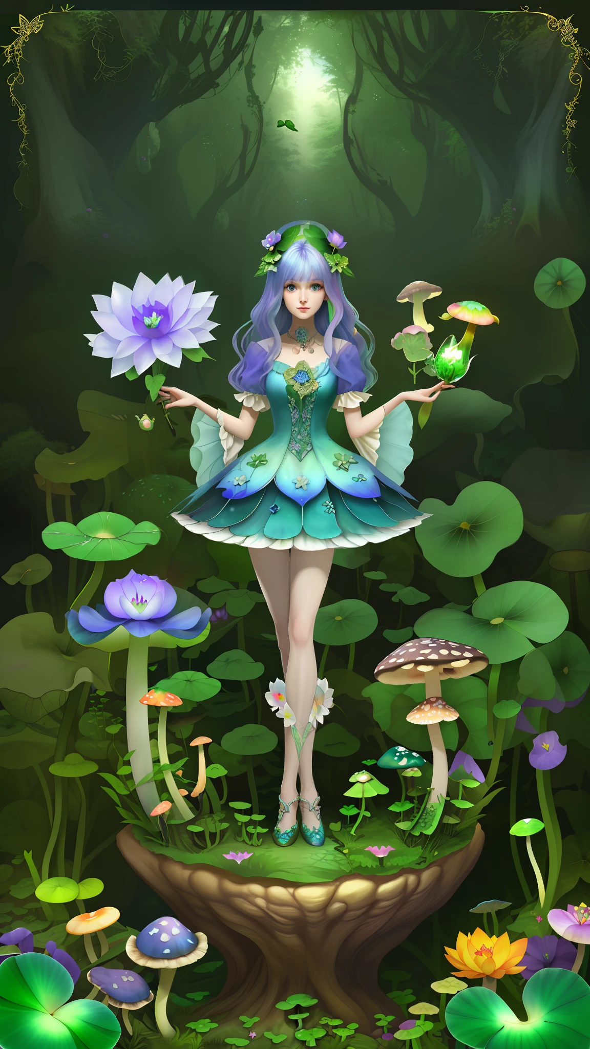 "Mushroom forest with glass goblet，s fractal art，morning glory，butterflys，tropical fishes，rosette，lotuses，four-leaf clover，morning glory，peach blossom，Cyber Mushroom Forest，Ultra-detailed digital fantasy art。Mushrooms are everywhere in the picture，The unique mushroom shape creates a magical casa scene。"