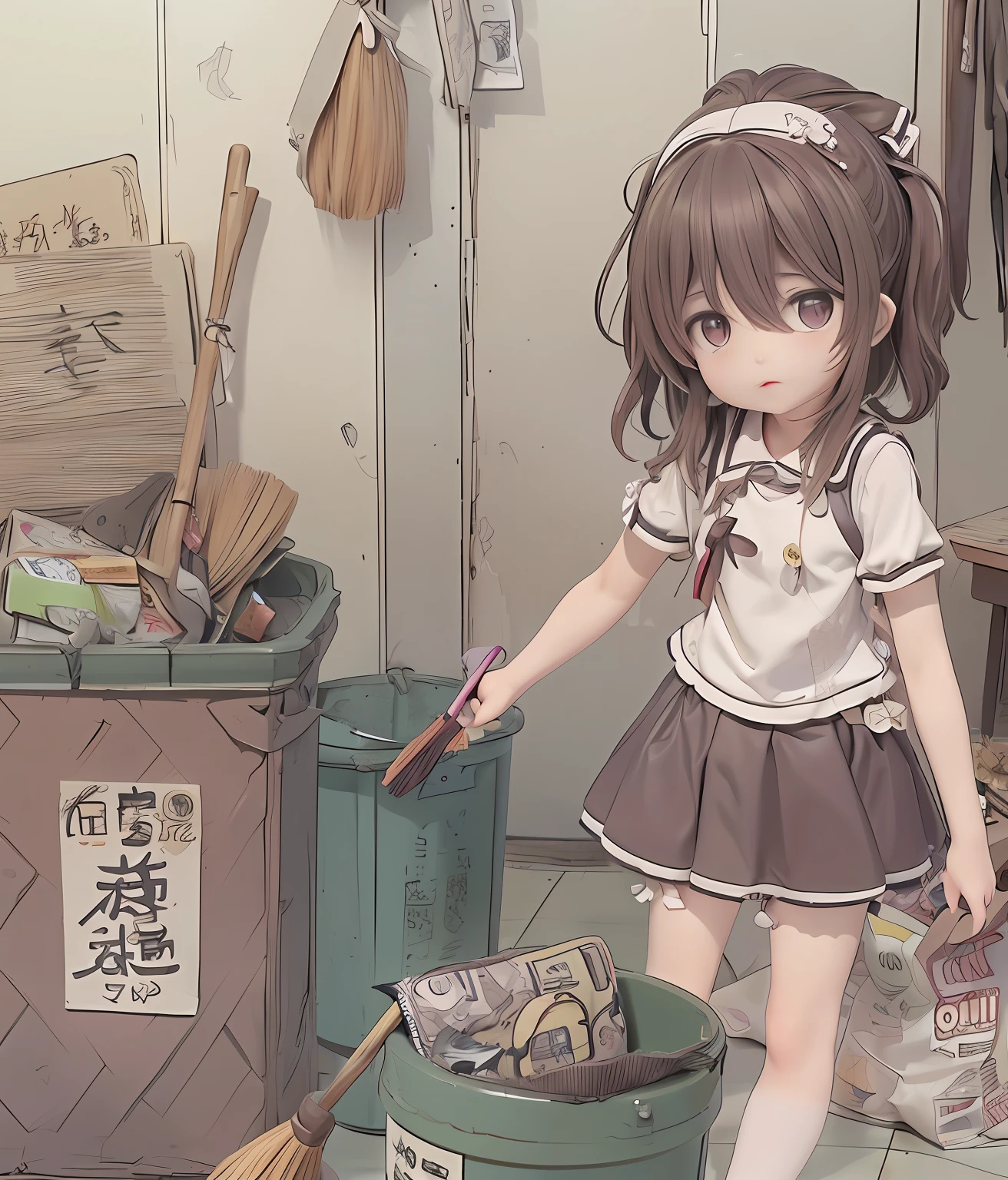 A girl is using a broom and sweeping away some "unhappy.",vex,trabalhado,hardship,Frustration "" and other Chinese characters,Next to it is a trash can with the words "not recyclable" written on it, clean and meticulous anime style, small loli girl, Simple lines of art, cleaning future, touhou project,solid color backdrop,k hd,8K