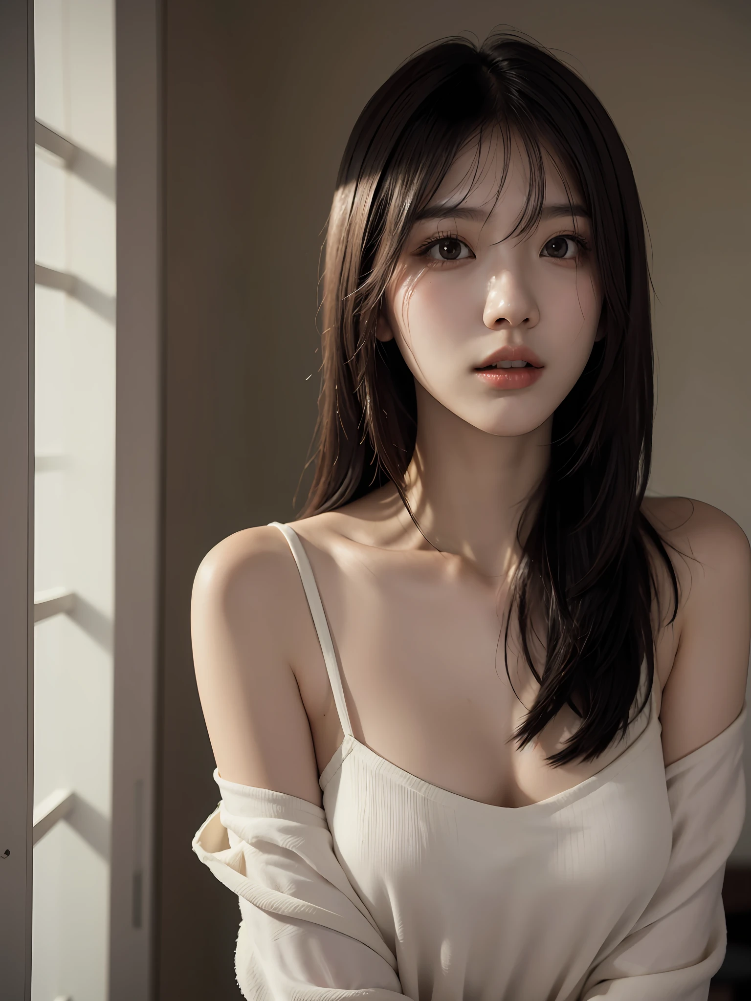 best qualtiy,tmasterpiece,超高分辨率,(真实感:1.4),RAW photogr,1girll,Clear shoulders,background inside dark,deep shading,Understated style,cold light。