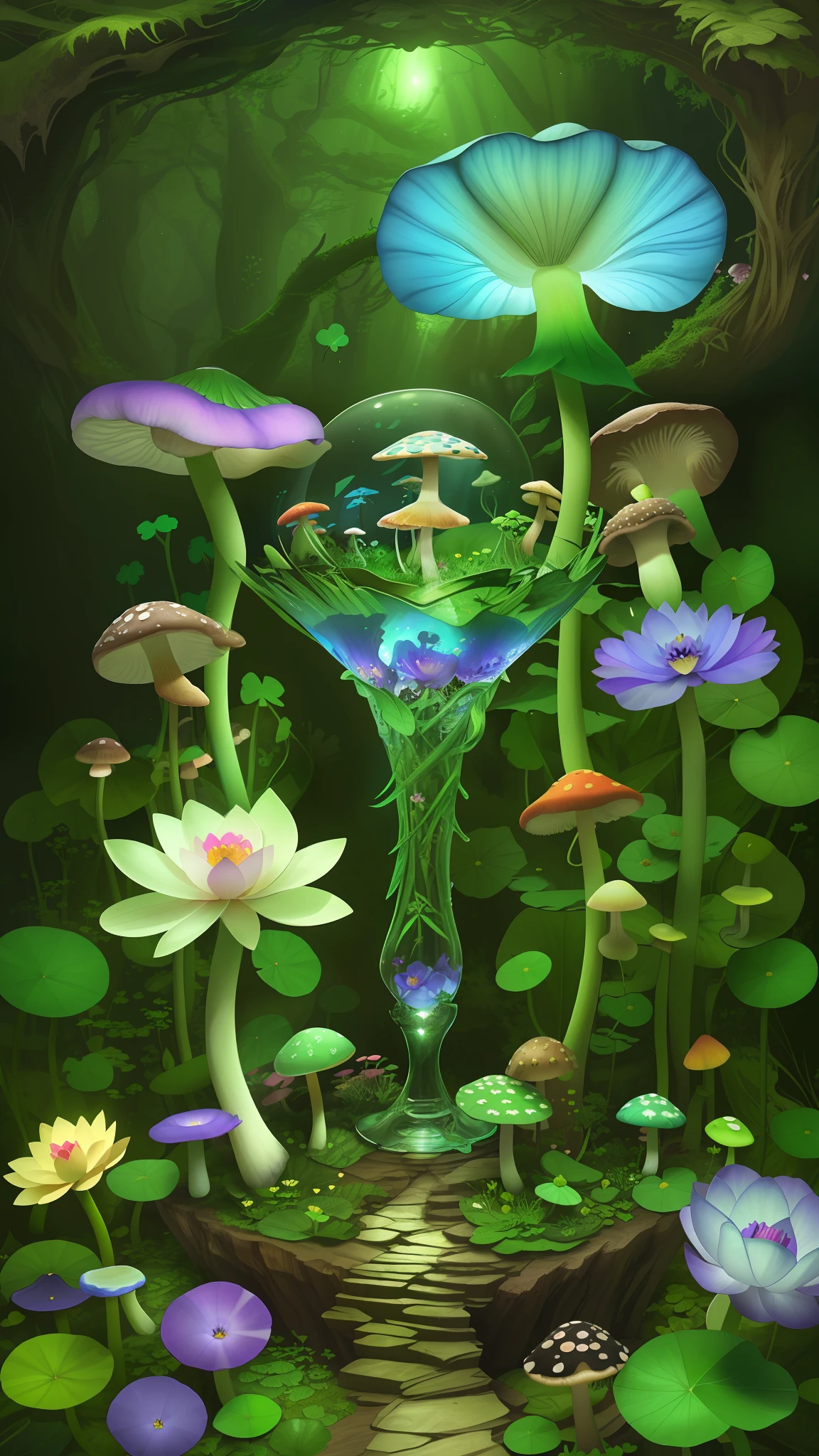 "Mushroom forest with glass goblet，s fractal art，morning glory，butterflys，tropical fishes，rosette，lotuses，four-leaf clover，morning glory，peach blossom，Cyber Mushroom Forest，Ultra-detailed digital fantasy art。Mushrooms are everywhere in the picture，The unique mushroom shape creates a magical casa scene。"