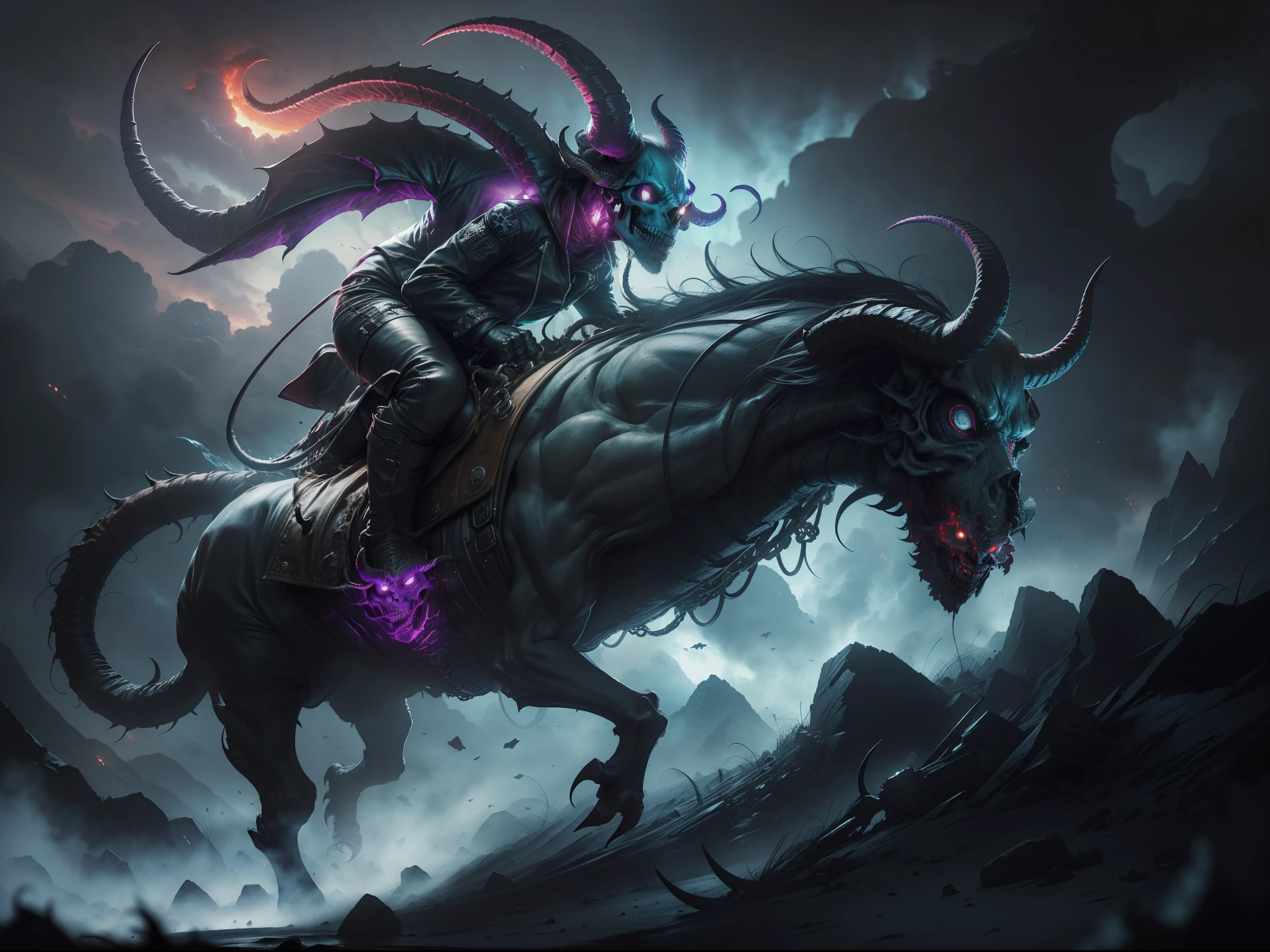 Cinematic Dynamic, Extreme Detail, nffsw,4K, More about Ultra HD, hyper realisitic ,Photorealistic, Octane Render ,Unreal Engine,Messenger of Hell,(Skullman in rider jacket riding a monster with long horns in one eye:1.3),Chain Bridle,Run through hell,(Gates of Hell)、Eyes glow、Foggy