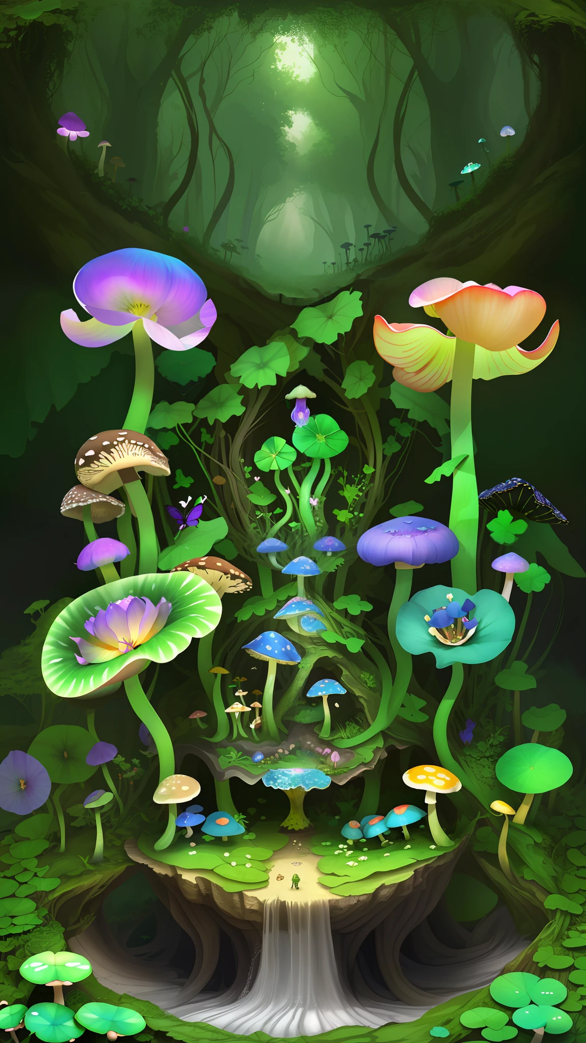 "Mushroom forest with glass goblet,s fractal art,morning glory,butterflys,tropical fishes,rosette,lotuses,four-leaf clover,morning glory,peach blossom,Cyber Mushroom Forest,Ultra-detailed digital fantasy art。Mushrooms are everywhere in the picture,The unique mushroom shape creates a magical casa scene。"