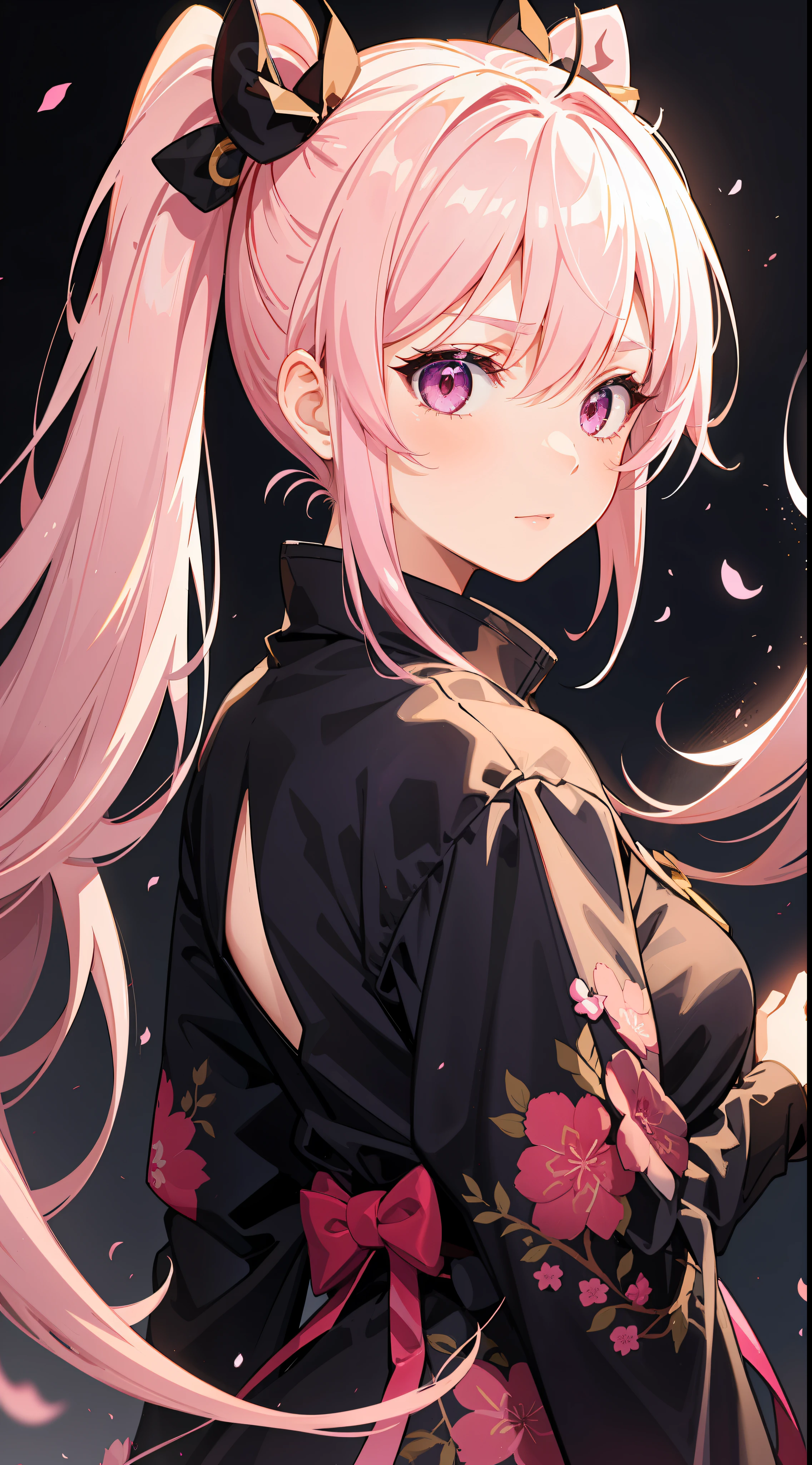 "1girl with vibrant pink hair holding a gleaming katana in a dark and mysterious setting, fsw, samurai clothes, glowing eyes, layered hair, side light, pig tails."