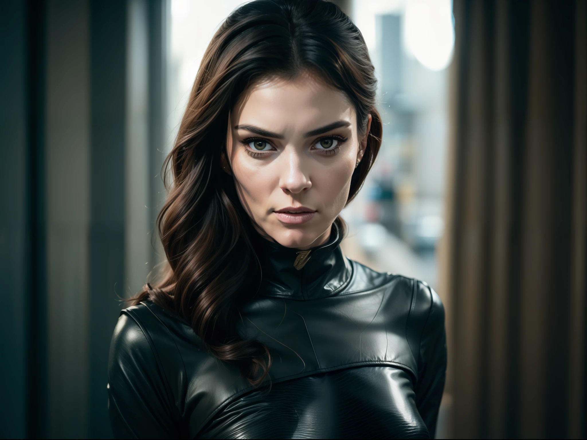 Mulher Gato, (((inspirada em "Selina Kyle" do filme "Mulher Gato"))), roupas de Alien, ((Autorretrato de rosto frontal)), 8k UHD, DSLR, grain of film, pintura fotorrealista Fujifilm XT3 arte midjourney, ((como Selina Kyle)), sensualista