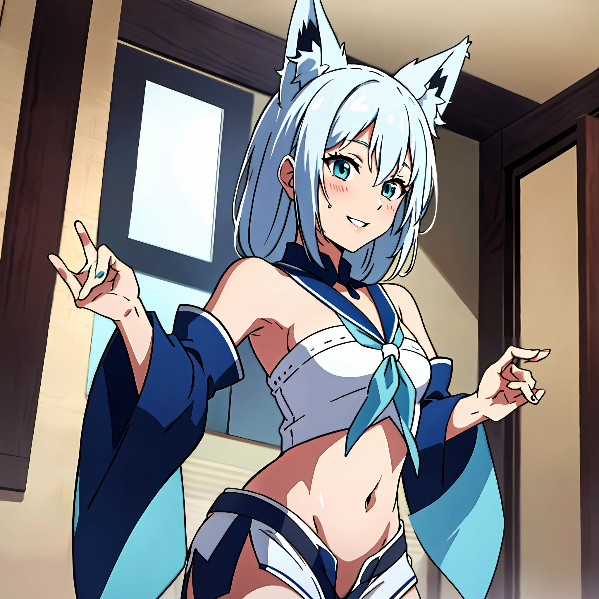 masterpiece, best quality, absurdres, perfect anatomy, cowboy shot, Shirakami fubuki, 1girl, solo, fox ears, fox girl, white hair, aqua eyes, smile, parted lips, strapless top, front slit, blue neckerchief, white detached wide sleeves, black shorts, single thighhigh, thigh strap, navel, indoors