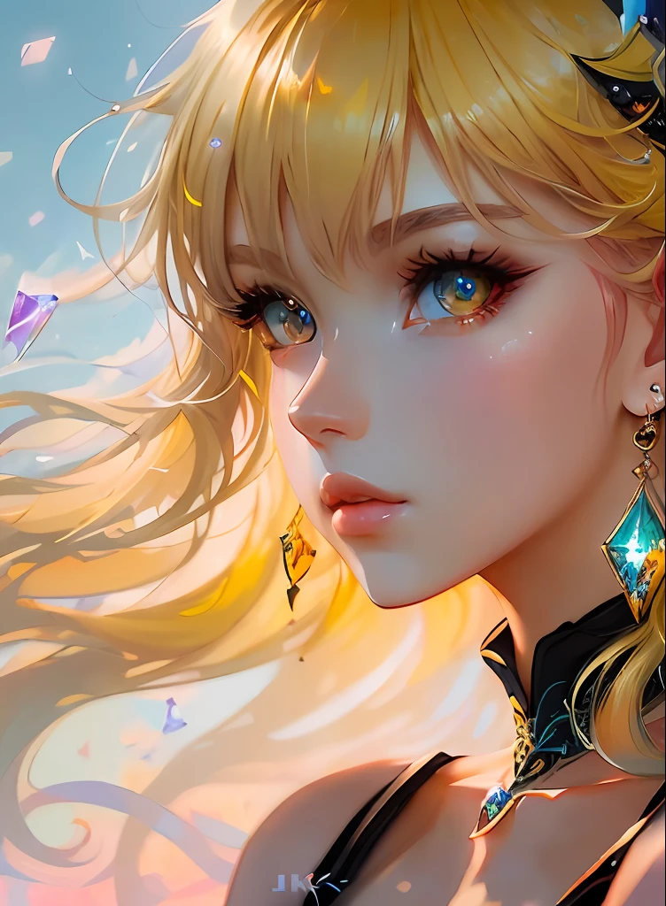 ((top-quality)), ((​masterpiece)), ((realisitic)), (detaileds),animesque、anime styled、 (1人の女性）Earrings only accessories、Close up portrait of woman with yellow hair color、Beautiful shining eyes, Like crystal clear glass、Tank Tops、Summer clothes、4K high-definition digital art、stunning digital illustration、Stunning 8K artwork、colorfull digital fantasy art、Colorful and bright、beautiful digital works of art、Colorful Digital Anime Art、Portrait of beautiful woman、8K HD Digital Wallpaper Art、 Gorgeous Digital Painting