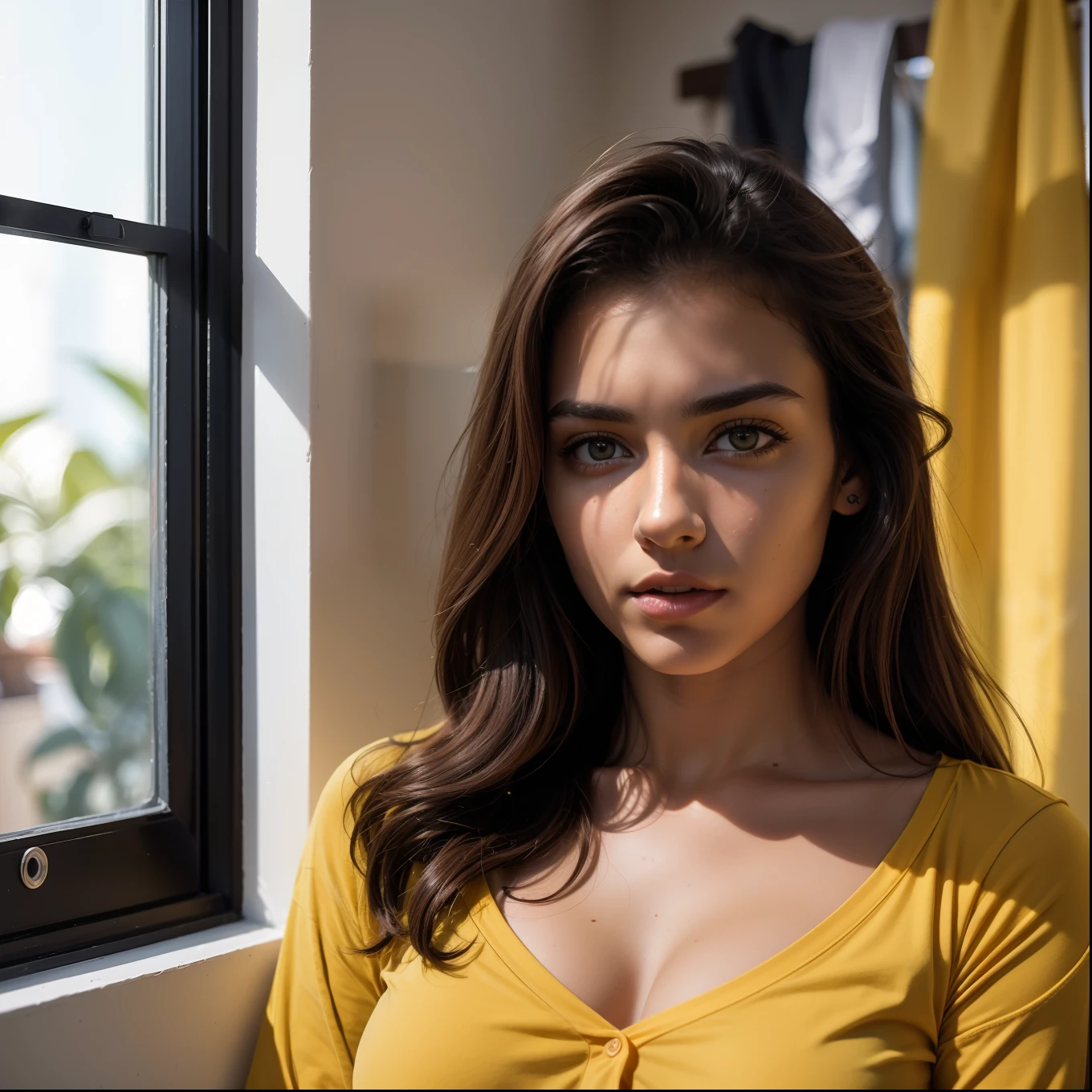 Mulher jovem de 20 anos, roupas de dormir, camisola amarela transparente, no quarto, em casa. ((Autorretrato de rosto frontal)), 8k UHD, DSLR, grain of film, pintura fotorrealista, arte midjourney,