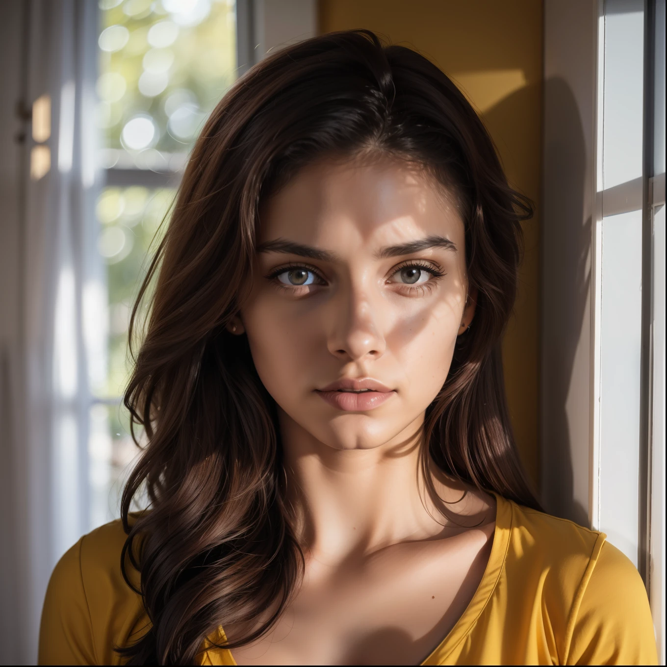 Mulher jovem de 20 anos, roupas de dormir, camisola amarela transparente, no quarto, em casa. ((Autorretrato de rosto frontal)), 8k UHD, DSLR, grain of film, pintura fotorrealista, arte midjourney,