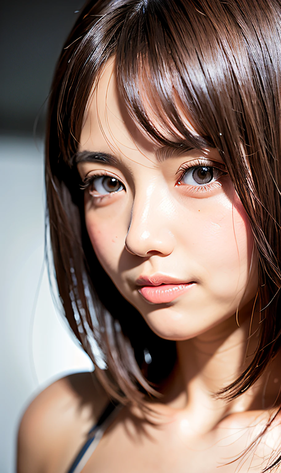 qincai, 1girl, (masterpiece),((ultra-detailed)), (highly detailed CG illustration),(expressionless), (best quality:1.2),realistic8K UHD,High definition,(1girl:1.2),High quality texture,intricate details,detailed texture,finely detailed,high detail,extremely detailed cg,High quality shadow,a realistic representation of the face,Detailed beautiful delicate face,Detailed beautiful delicate eyes, brown eye pupil, a face of perfect proportion,Depth of field,Cinematic Light,Lens Flare,Ray tracing,perspective,20s, Prominent Nose,slender face,tall girl, (big eyes:1.2),blush,glossy lips,perfect body,lean body,Particles of Light,(narrow waist:1.3),large breast, distinct_image, high_resolution, (lustrous skin), solo focus, (brown hair), (finely detailed beautiful eyes and detailed face),(detailed face), (hair streaked hair), light source contrast, short hair, ((smile)), (pureerosface_v1:0.5) , (ulzzang-6500-v1.1:0.5),