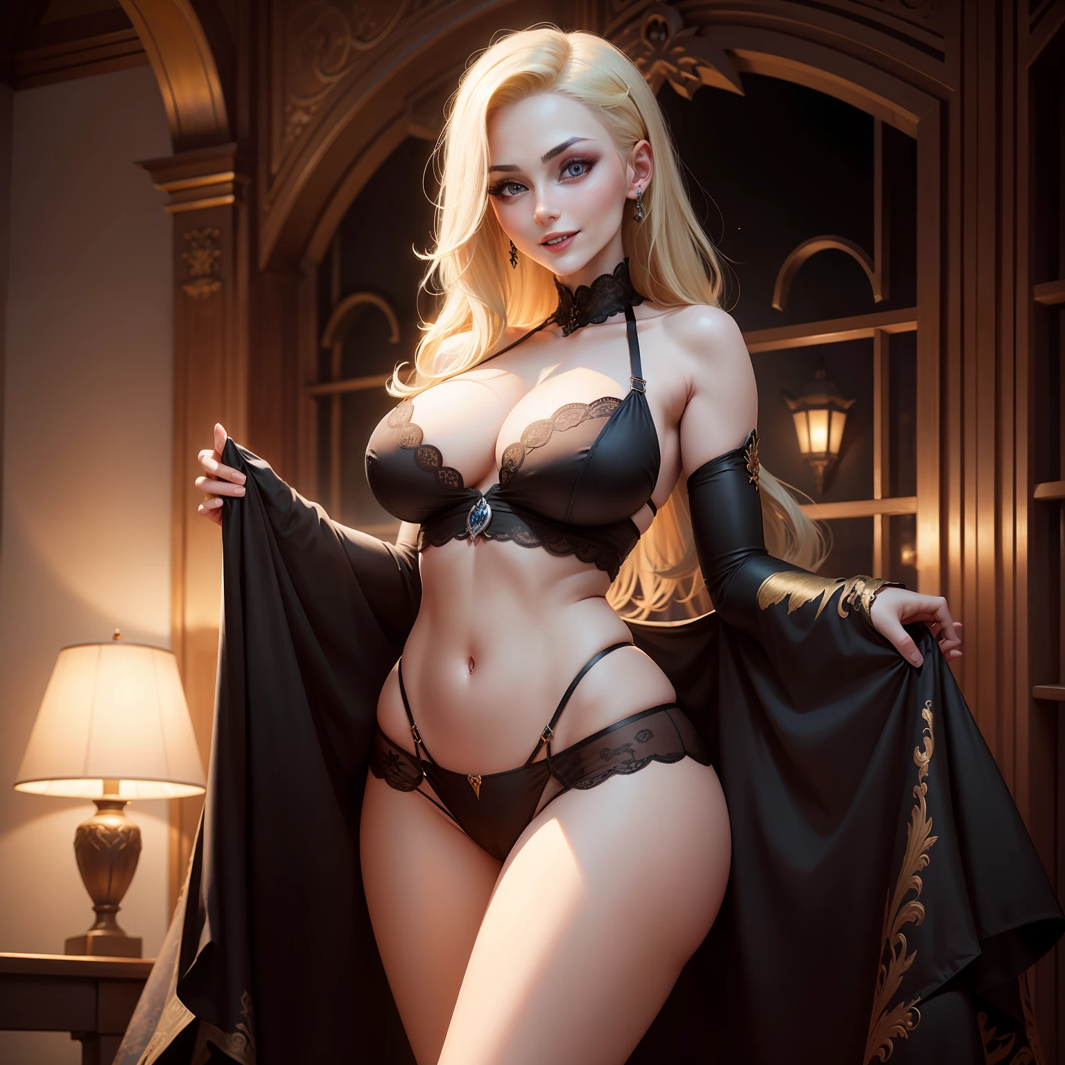 Ukrainian、garterbelts、undergarment、31-year-old woman、Beautuful Women、A slender、Big eyes、large full breasts、A smile、a blond、vampire、Morrigan、Vampires、Extraordinary Beauty