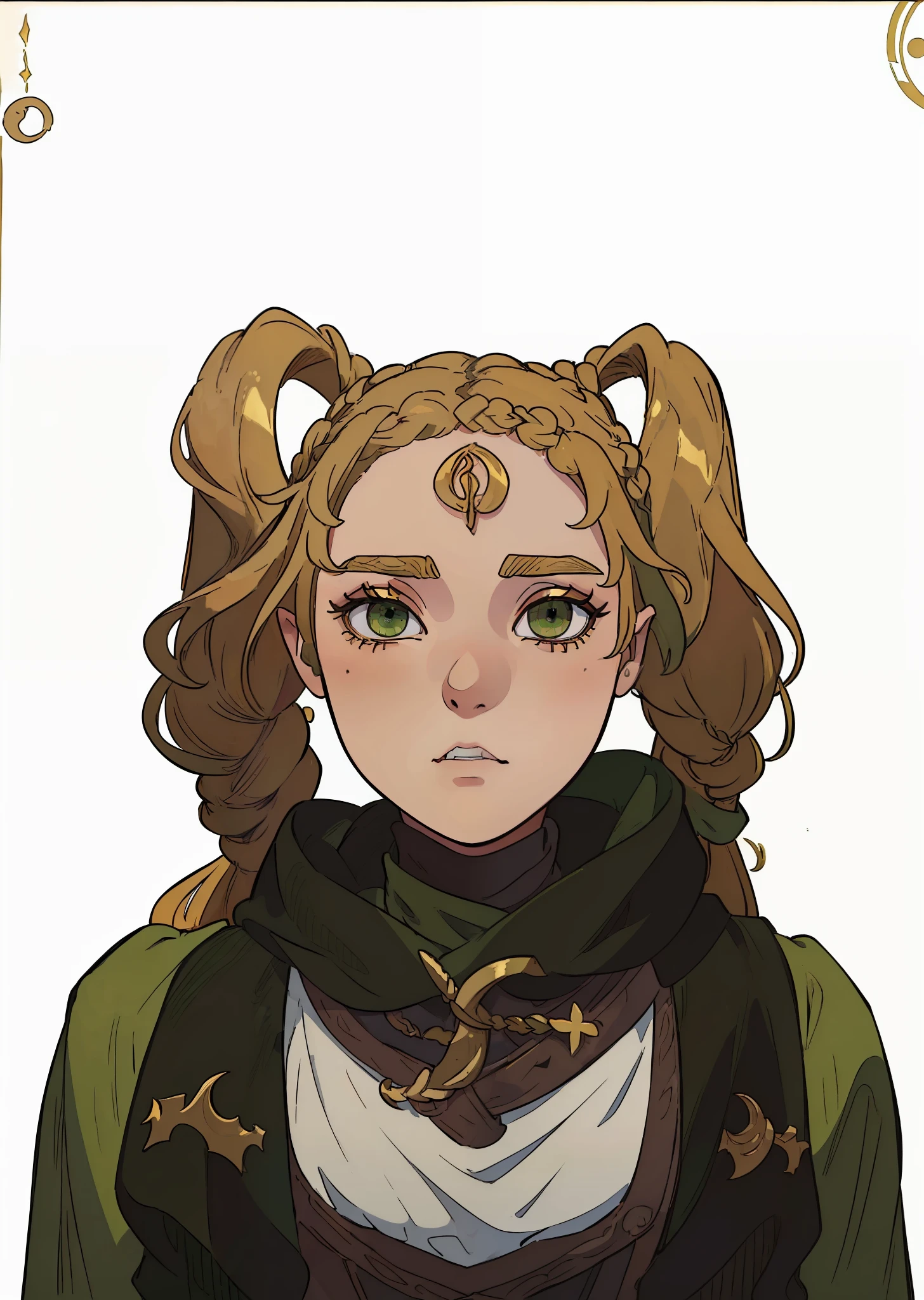 (((Fantasia medieval:1.2)elfa linda)), ((( golden hair gold braids))), ((roupas verde e branca, roupas estilosas, roupas de aventureiro)), cachecol preto e cinza, ((belos olhos verdes)), cabelos loiros, olhos detalhados, alta qualidade. Cabelos dourados. Anime.