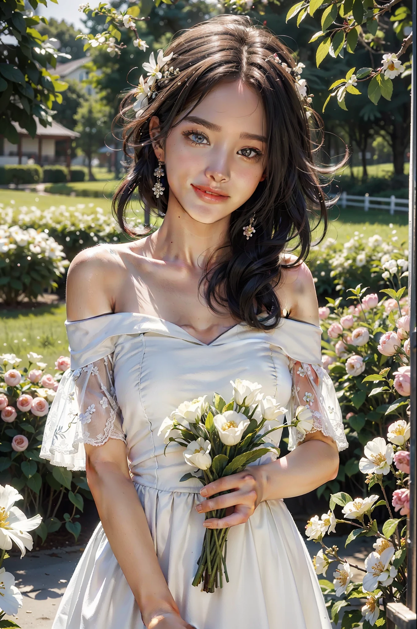 Best quality, masterpiece, ultra high res, (photorealistic:1.4), raw photo, 1girl, white dress, off shoulder, blossom flower field, glowing skin, light smile