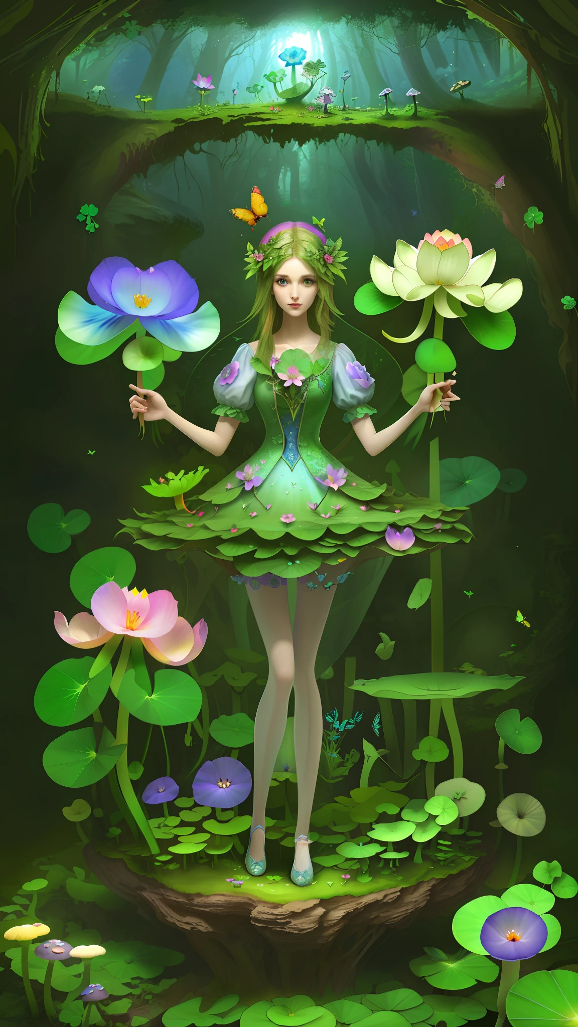 "Mushroom forest with glass goblet，s fractal art，morning glory，butterflys，Various insects，tropical fishes，rosette，lotuses，four-leaf clover，morning glory，peach blossom，Cyber Mushroom Forest，Ultra-detailed digital fantasy art。Mushrooms are everywhere in the picture，The unique mushroom shape creates a magical casa scene。"