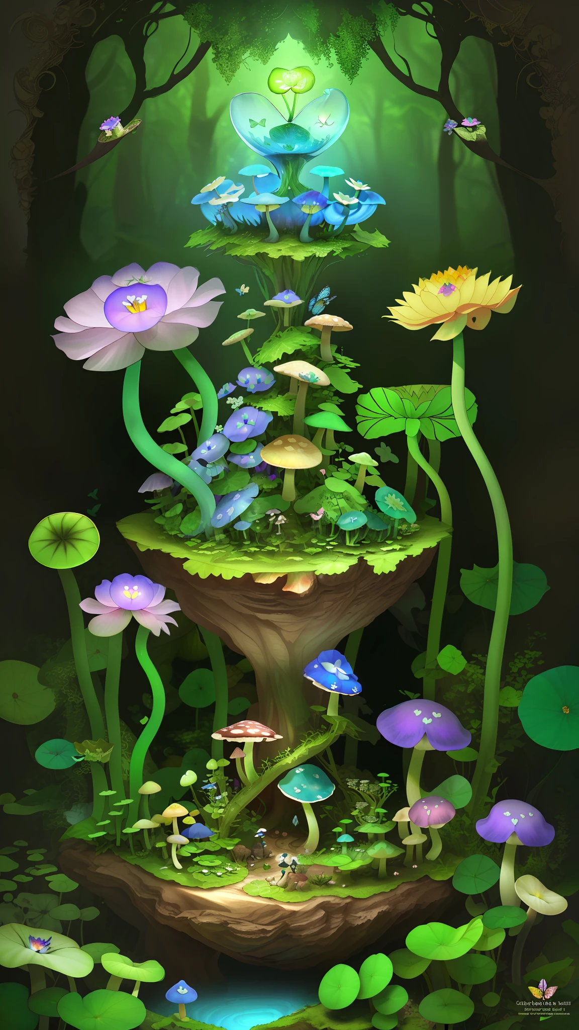 "Mushroom forest with glass goblet,s fractal art,morning glory,butterflys,Various insects,tropical fishes,rosette,lotuses,four-leaf clover,morning glory,peach blossom,Cyber Mushroom Forest,Ultra-detailed digital fantasy art。Mushrooms are everywhere in the picture,The unique mushroom shape creates a magical casa scene。"
