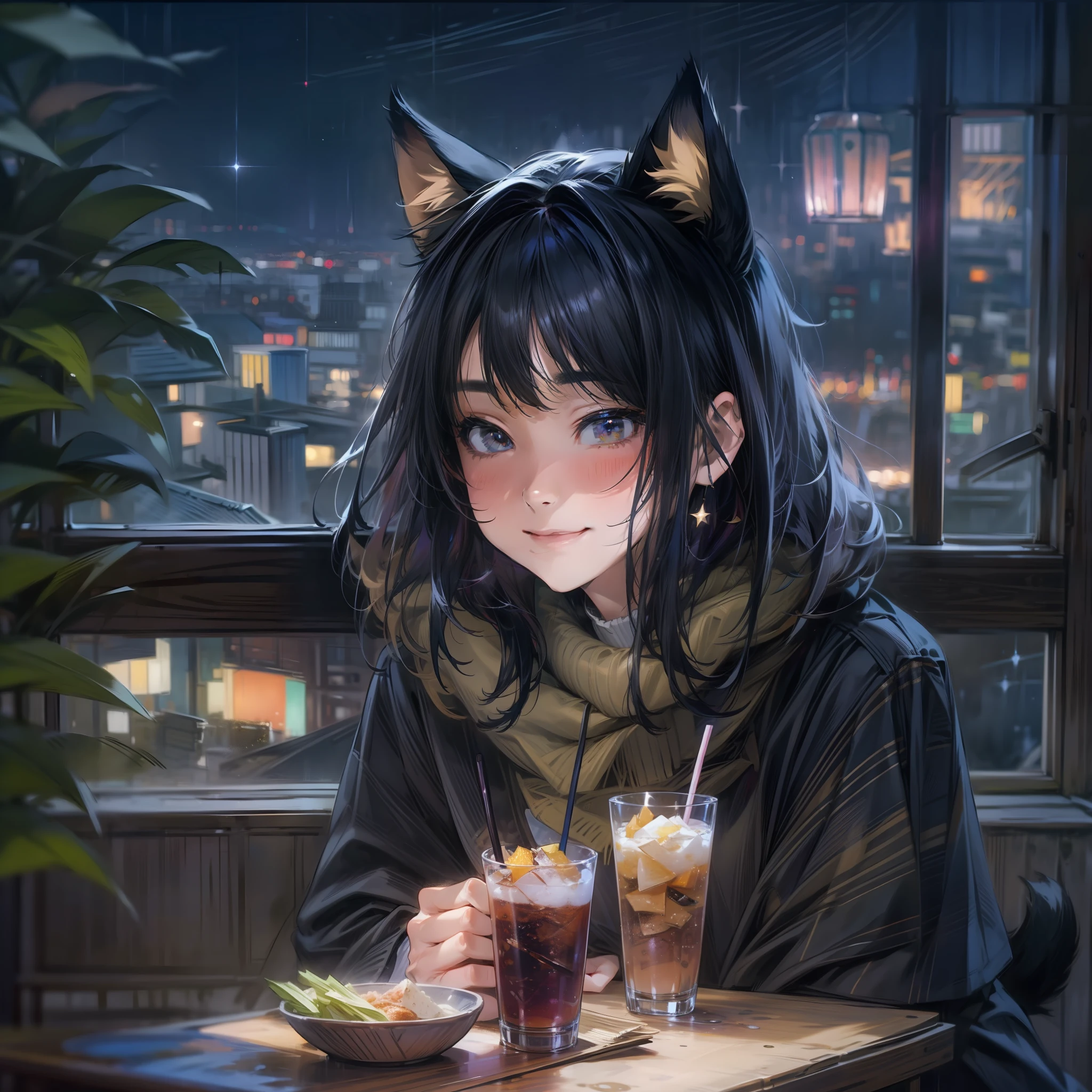 Subject is a young woman with cat ears drawn in 8K resolution。Her black hair is a short cut、The inner color shines brightly。Ears move subtly、Expresses pleasant emotions。Her attire is、Countering the chill of the night、Warm hoodies and jeans。Parker's hood wraps around the ears、Its cat ears are sticking out of the hood。

She sits on、Rooftop with sweeping views of the city at night。The night view of the city is、Light and stars leaking through the window of a building々But、It beautifully colors the dark night。Next to her is、Delicious-looking take-out meals and、Cold drinks are placed。

The overall color tone is、Night colors in the city。Building lights and starlight、And her vivid inner color、Shines strongly in the dark。8K resolution、Her expression、Texture of clothes、Meal details、Night view of distant cities、Drawn in detail。

Her attitude is relaxed.、Drinks and meals in hand、And her smile enjoying the night view emphasizes the atmosphere.。With the night view of the city she sees、Quiet time to enjoy your meal、It gives this whole work an atmosphere of peace and serenity。