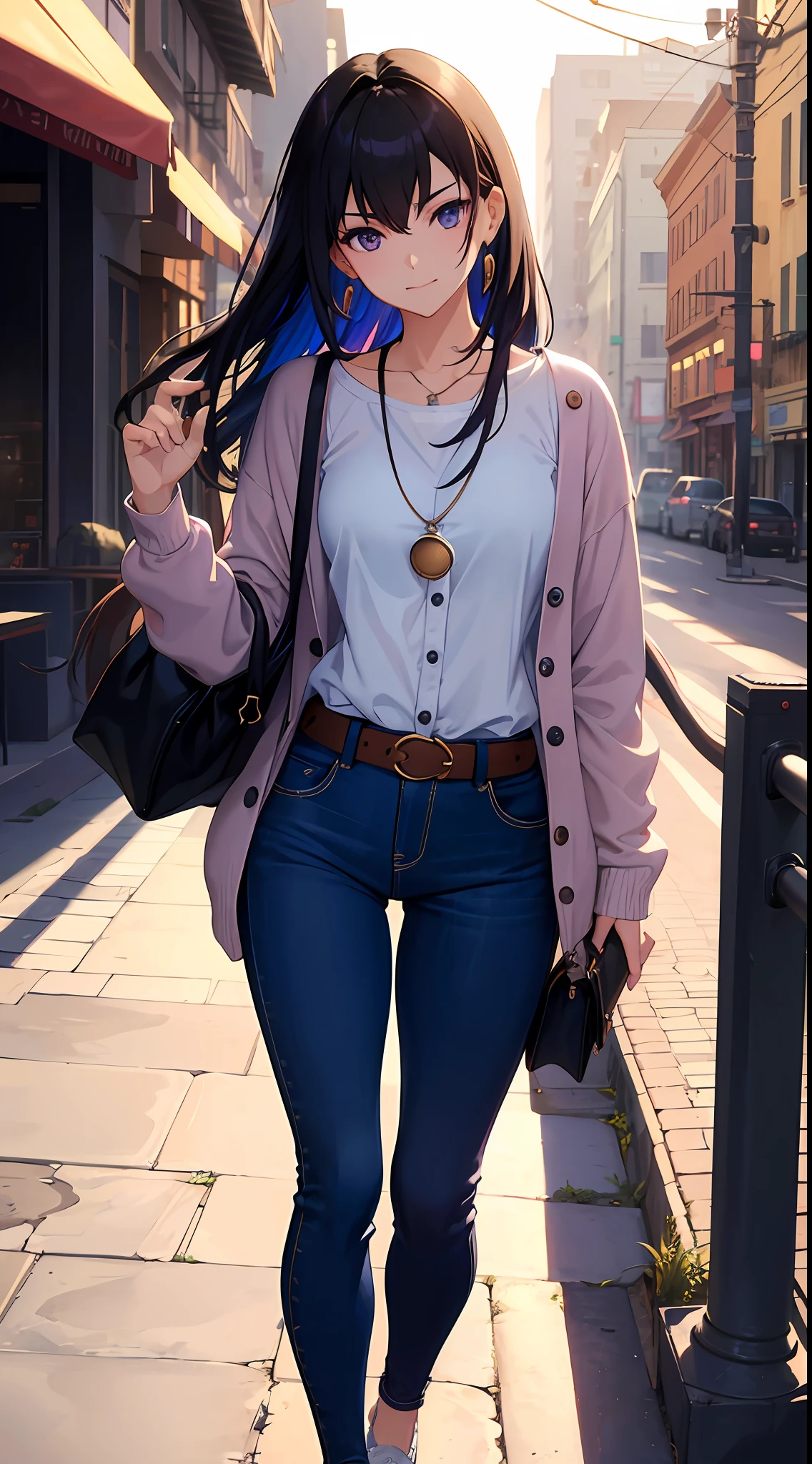 (masterpiece), best quality, (expressive eyes: 1.5), perfect face, multicolored hair, many line in hair, blunt bangs long hair, enigmatic eyes, smirk, earings, pendant, wink, ((makoto shinkai style)), (bright eyes: 1.3), short body, shirt, purple cardigan, on on, sneaker shoes, cute bag, long jeans pant, cute belt, contrapposto,
(Street: 0.2), sunny day, outdoor, cozy, bokeh, HDR, UHDR, 4K, 8K, 64K,(highly detailed)), sunray