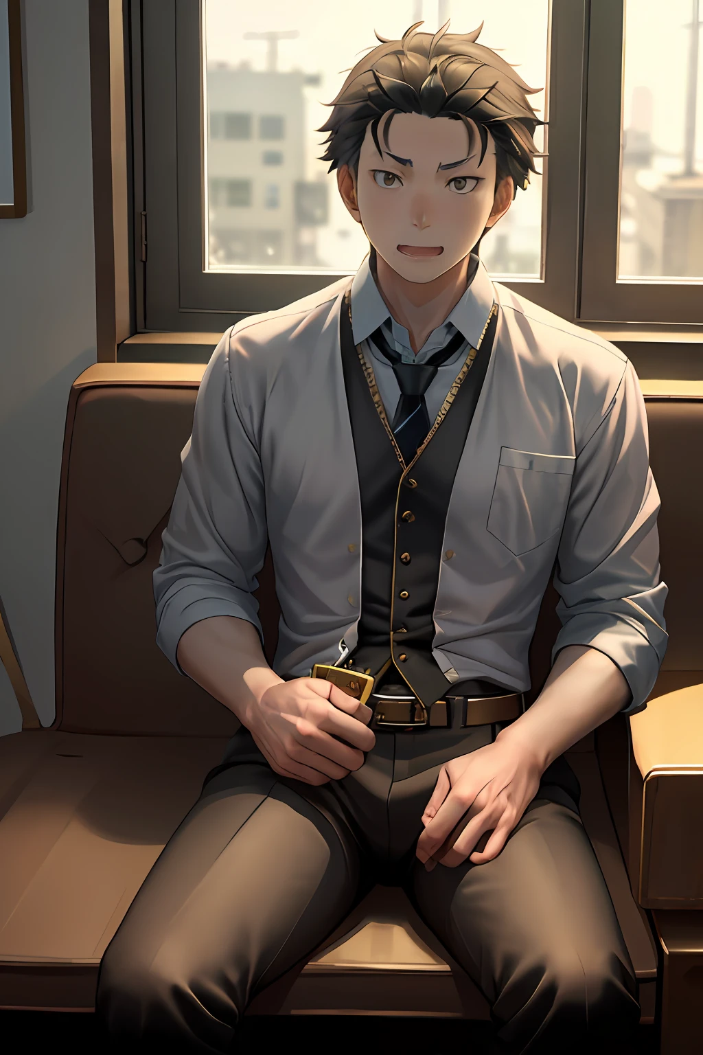 (1 Adult male),A high resolution, Sharp focus, Pixiv masterpiece, ((Complicated details)), highly detailed, natsuki_subaru, 1 man, with her mouth open,drools,full bodyesbian,sit astride,Crotch view, Golden eyes(eyes glowing), with short golden hair,white shirt,Wear a tie,Wear a belt,perspire,look from down