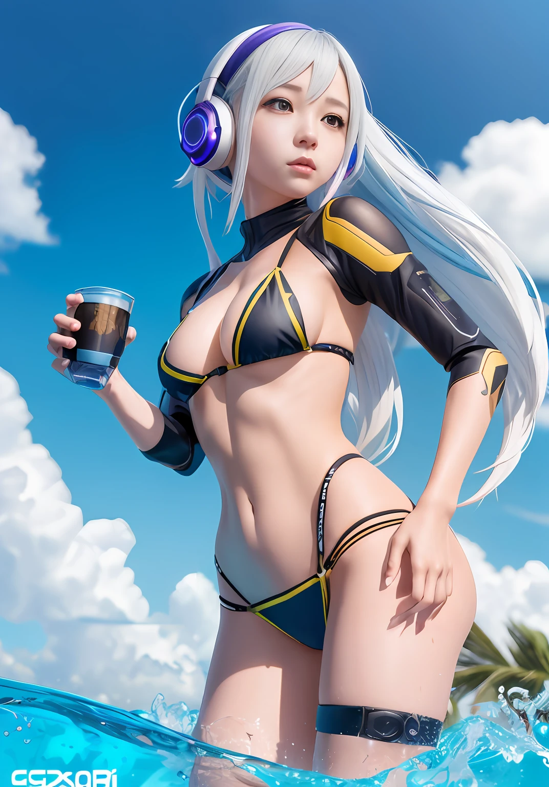Anime girl in bikini with headphones and shark, perfect android girl, electronic bikini, Smooth Anime CG Art, echo from overwatch, artwork in the style of guweiz, cybersuit, Trending on CGSTATION, seraphine ahri kda, anime robotic mixed with organic, Cute cyborg girl, Ilya Kuvshinov. 4 k, mechasuit