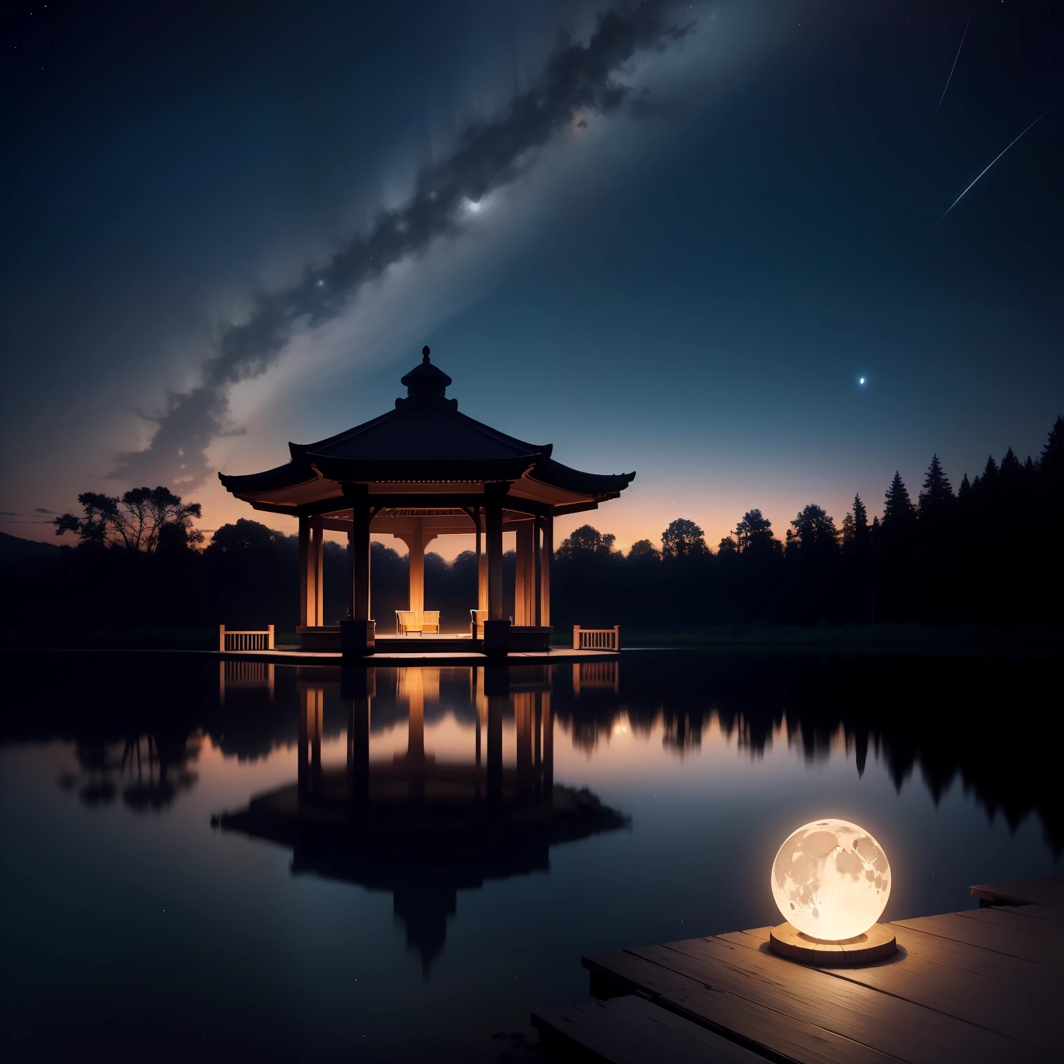 A tranquil,Empty,Away from the world,peace,suns,Lake surface,Pavilion,Space Starry Sky,the night,themoon,As estrelas,inverted image,milky ways