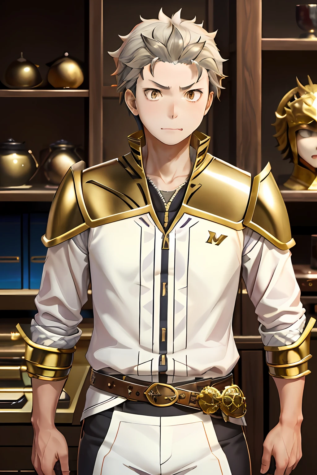 (1 Adult male),A high resolution, Sharp focus, Pixiv masterpiece, ((Complicated details)), highly detailed, natsuki_subaru, 1 man, with her mouth open,drools,full bodyesbian, Golden eyes(eyes glowing), with short golden hair,White armor,helmet on,Wear a belt,perspire,look from down