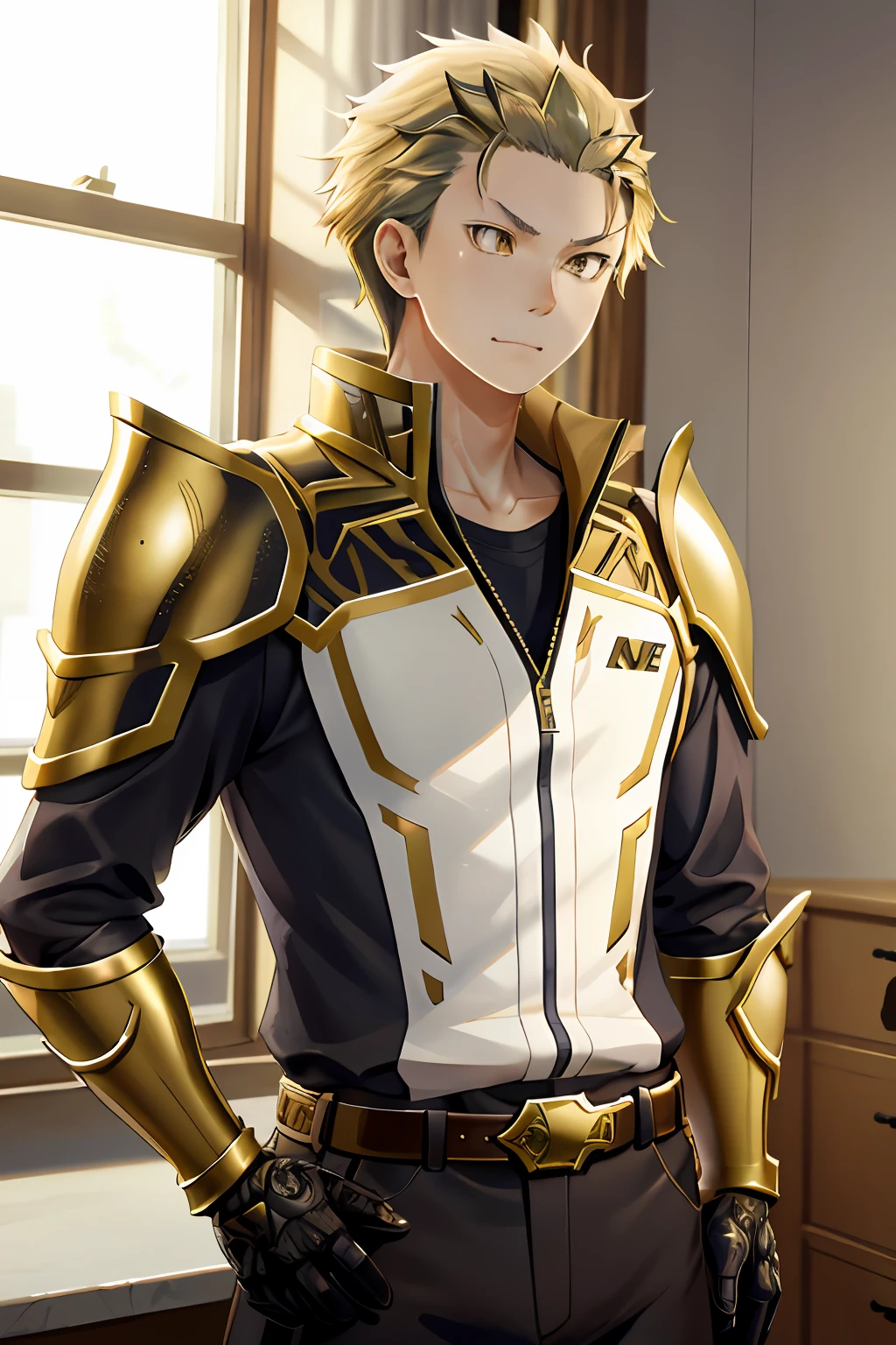 (1 Adult male),A high resolution, Sharp focus, Pixiv masterpiece, ((Complicated details)), highly detailed, natsuki_subaru, 1 man, with her mouth open,drools,full bodyesbian, Golden eyes(eyes glowing), with short golden hair,White armor,helmet on,Wear a belt,perspire,look from down