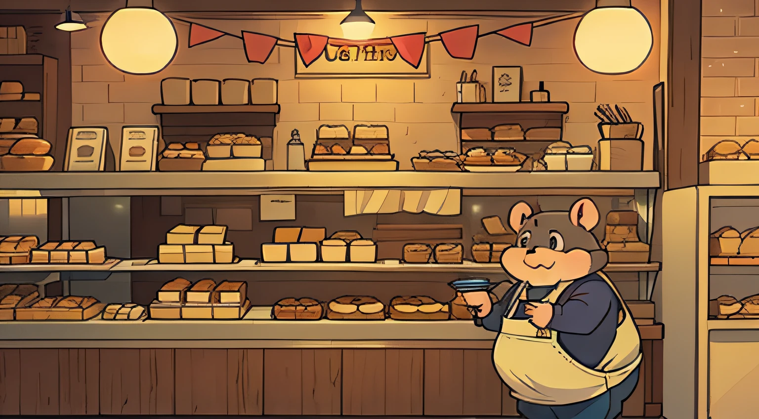 A fat rat works in a bakery.