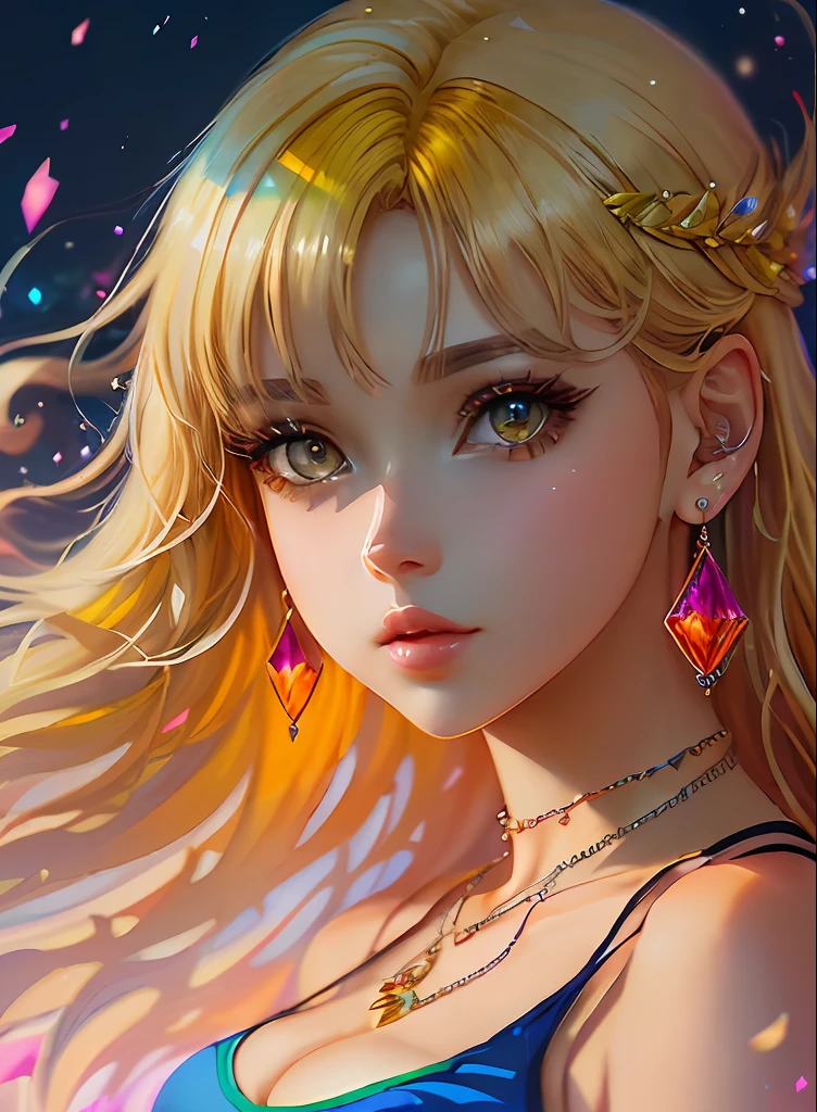 ((top-quality)), ((masterpiece)), ((realisitic)), (detaileds),animesque、anime styled、 (1人の女性)Earrings only accessories、Close up portrait of woman with yellow hair color、Beautiful shining eyes, Like crystal clear glass、Tank Tops、Summer clothes、4K high-definition digital art、stunning digital illustration、Stunning 8K artwork、colorfull digital fantasy art、Colorful and bright、beautiful digital works of art、Colorful Digital Anime Art、Portrait of beautiful woman、8K HD Digital Wallpaper Art、 Gorgeous Digital Painting